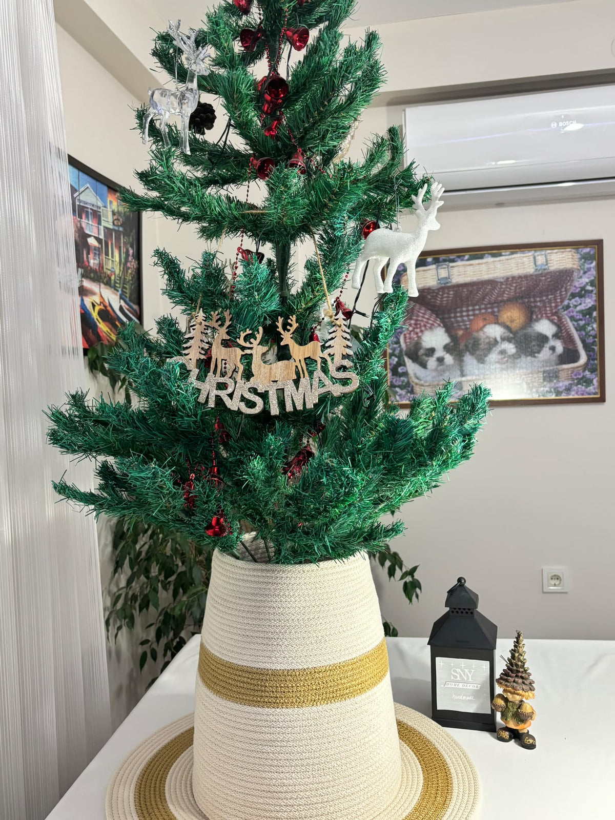 2-Piece Set  White-Gold Handmade Wicker Christmas Tree Stand Cover, Rustic Tree Skirt, Eco-Friendly Base Cover