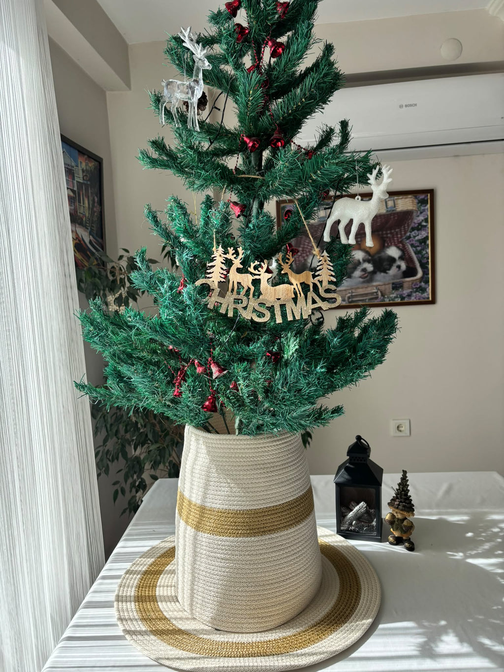 2-Piece Set  White-Gold Handmade Wicker Christmas Tree Stand Cover, Rustic Tree Skirt, Eco-Friendly Base Cover