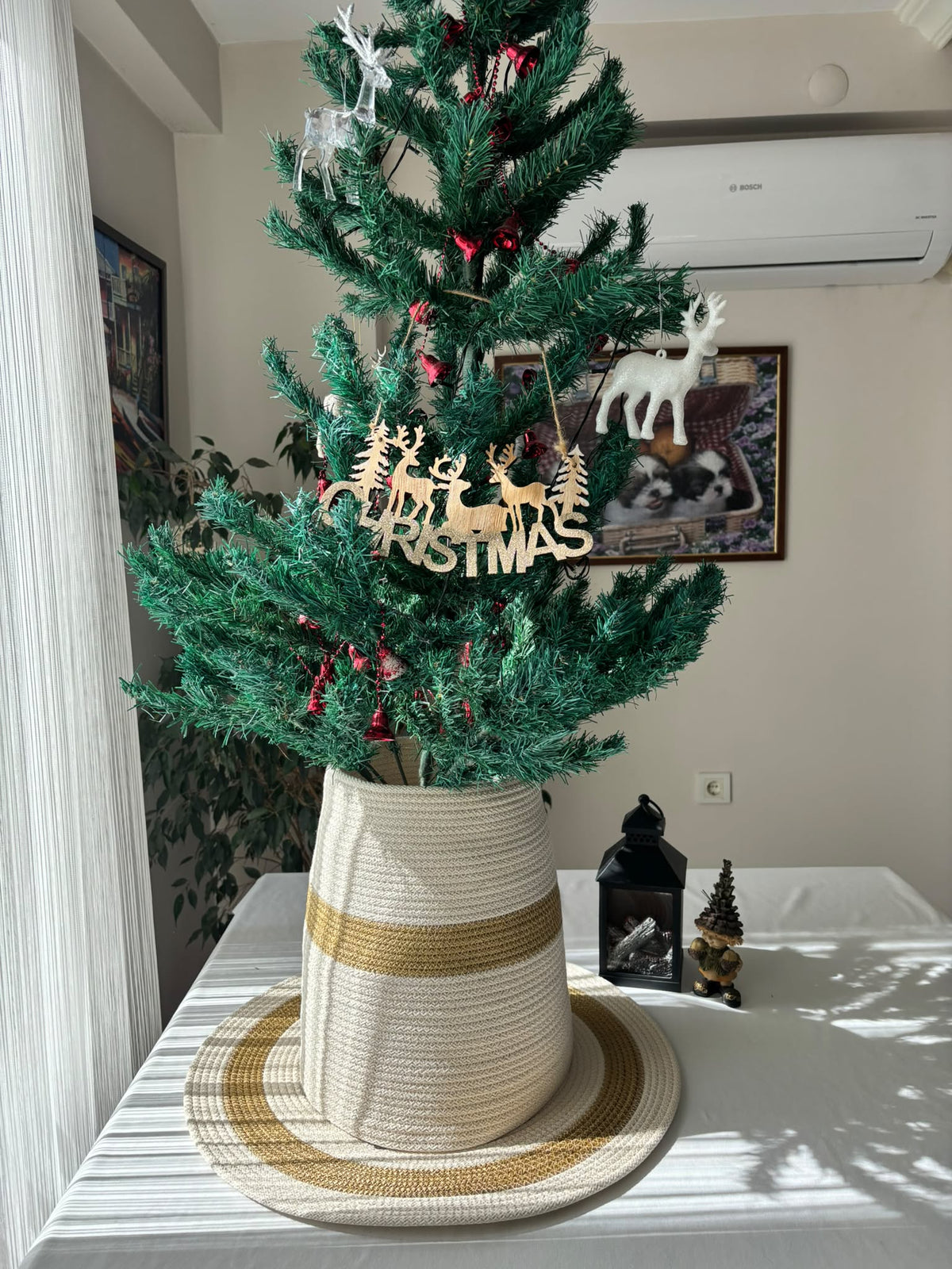 2-Piece Set  White-Gold Handmade Wicker Christmas Tree Stand Cover, Rustic Tree Skirt, Eco-Friendly Base Cover