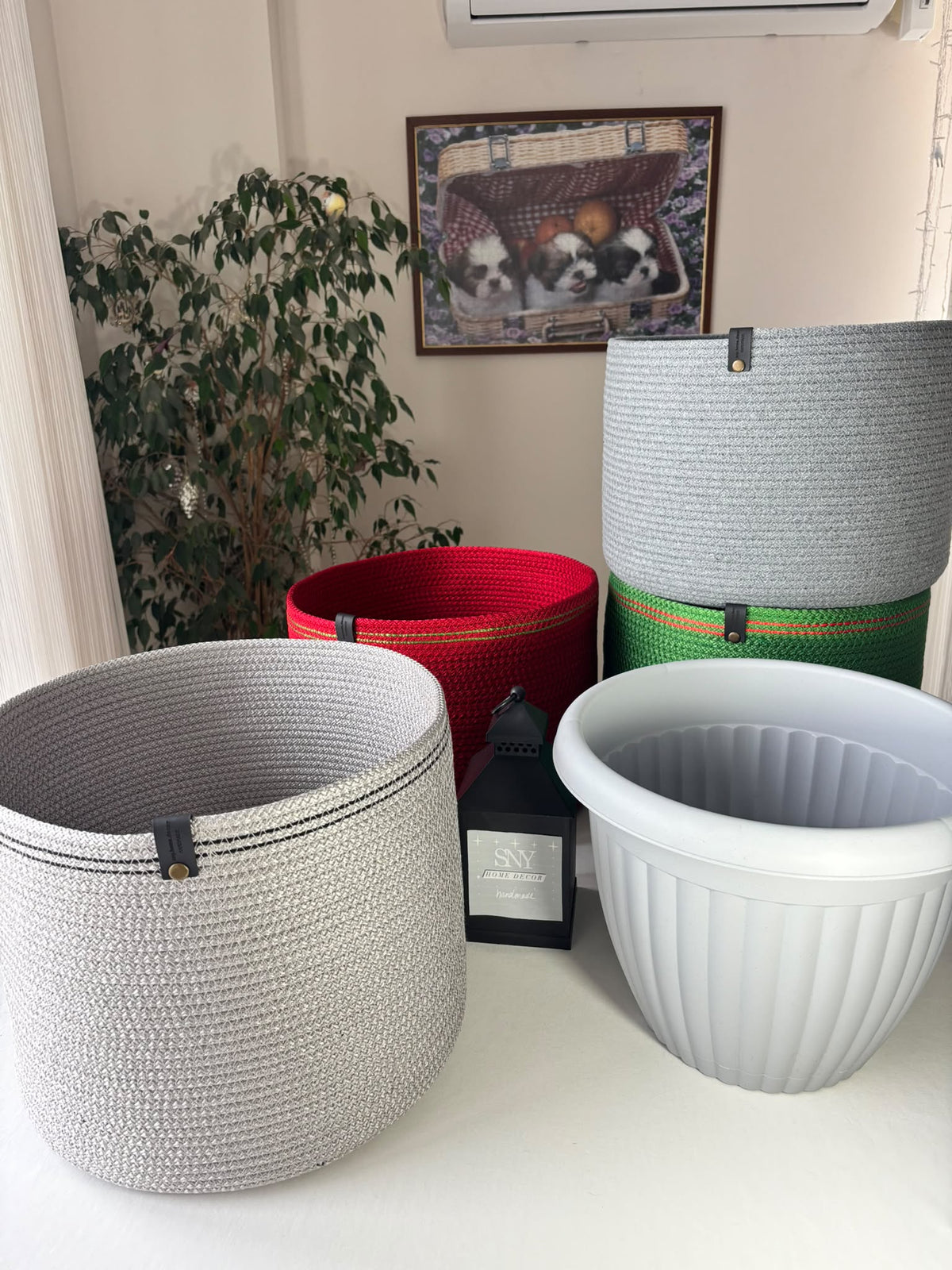 Handmade Cotton Rope Basket: Shiny Grey Woven Storage  Flower Pot Cover