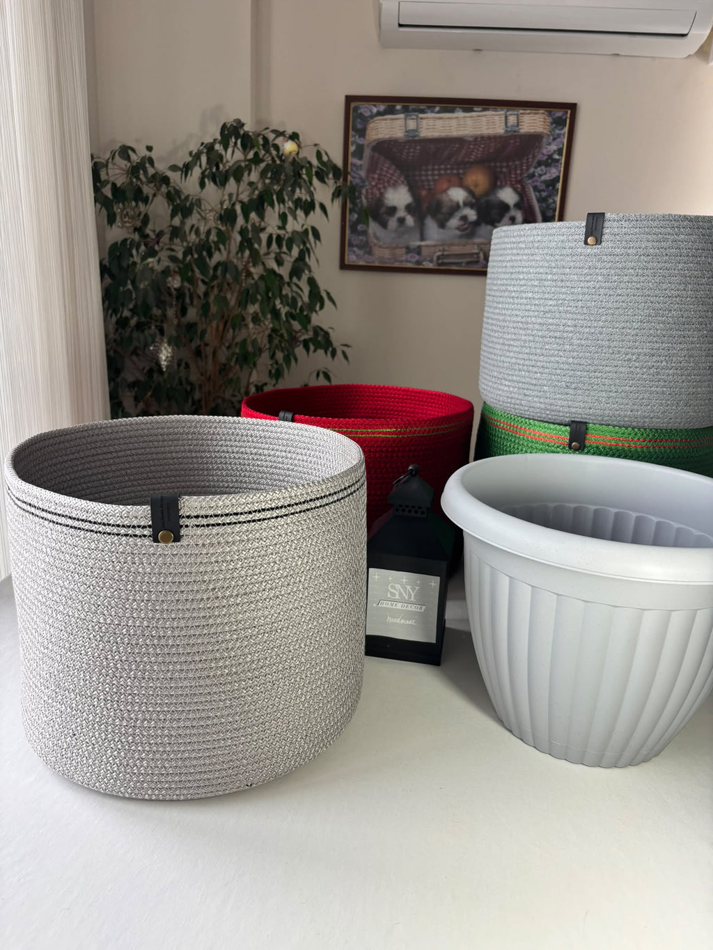 Handmade Cotton Rope Basket: Shiny Grey Woven Storage  Flower Pot Cover