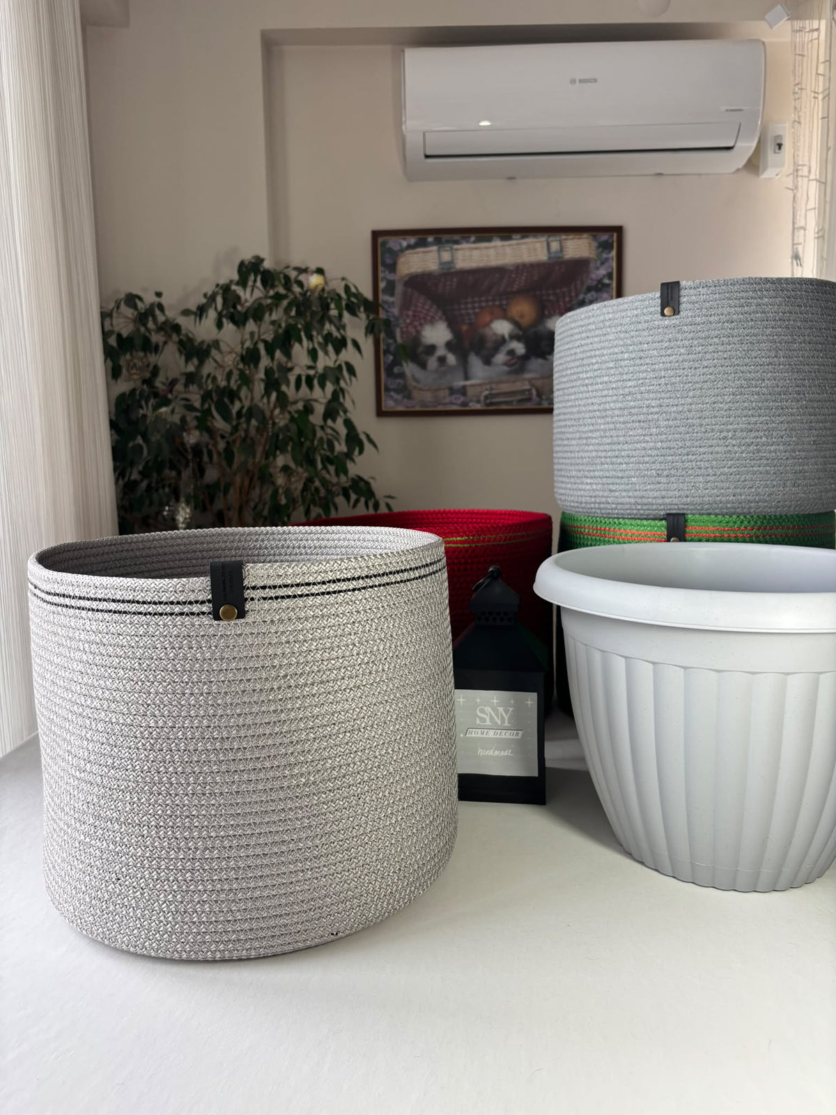 Handmade Cotton Rope Basket: Shiny Grey Woven Storage  Flower Pot Cover