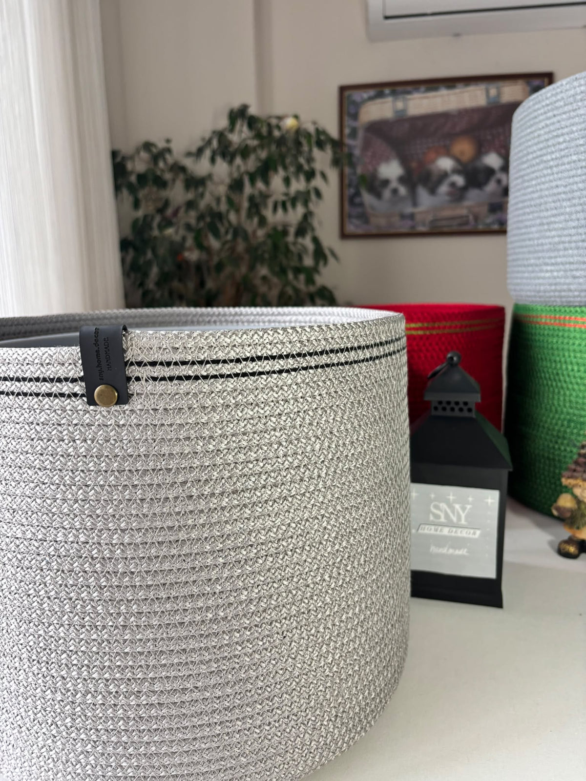 Handmade Cotton Rope Basket: Shiny Grey Woven Storage  Flower Pot Cover