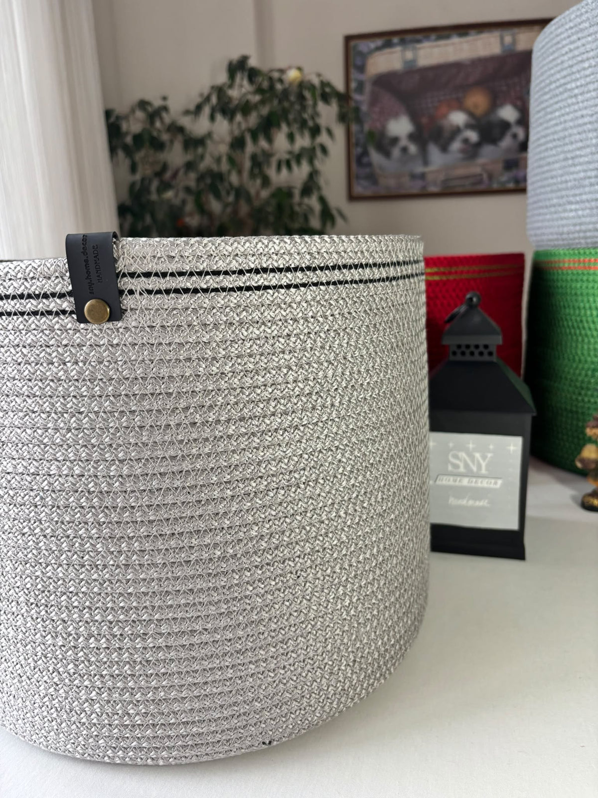 Handmade Cotton Rope Basket: Shiny Grey Woven Storage  Flower Pot Cover