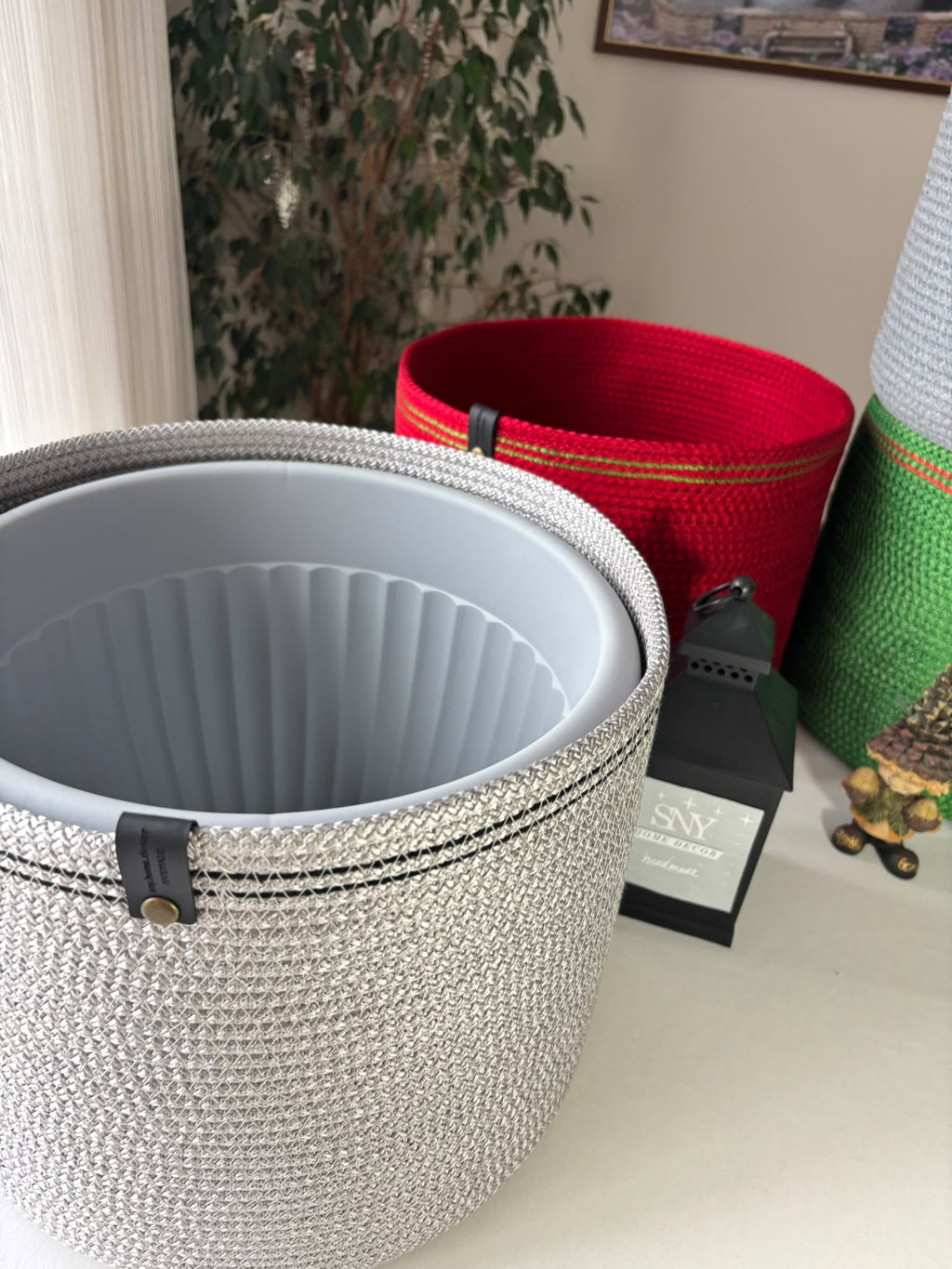 Handmade Cotton Rope Basket: Shiny Grey Woven Storage  Flower Pot Cover