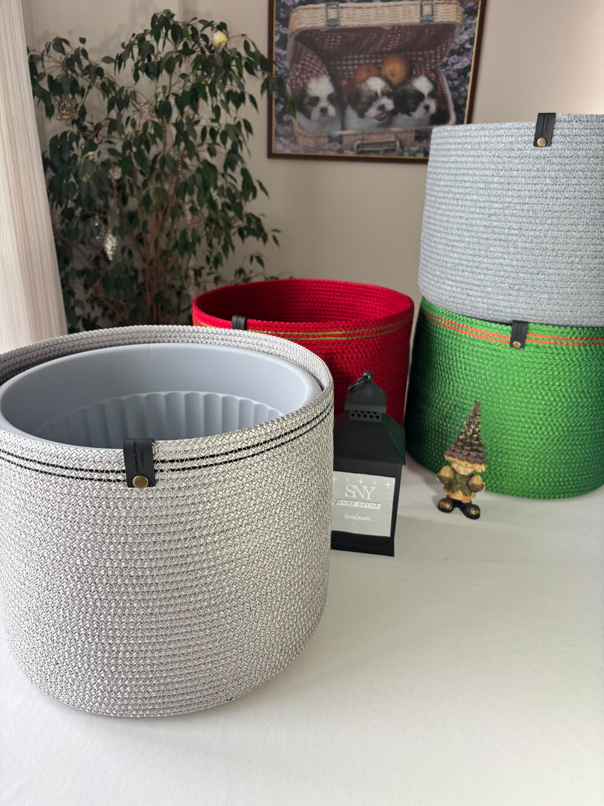 Handmade Cotton Rope Basket: Shiny Grey Woven Storage  Flower Pot Cover