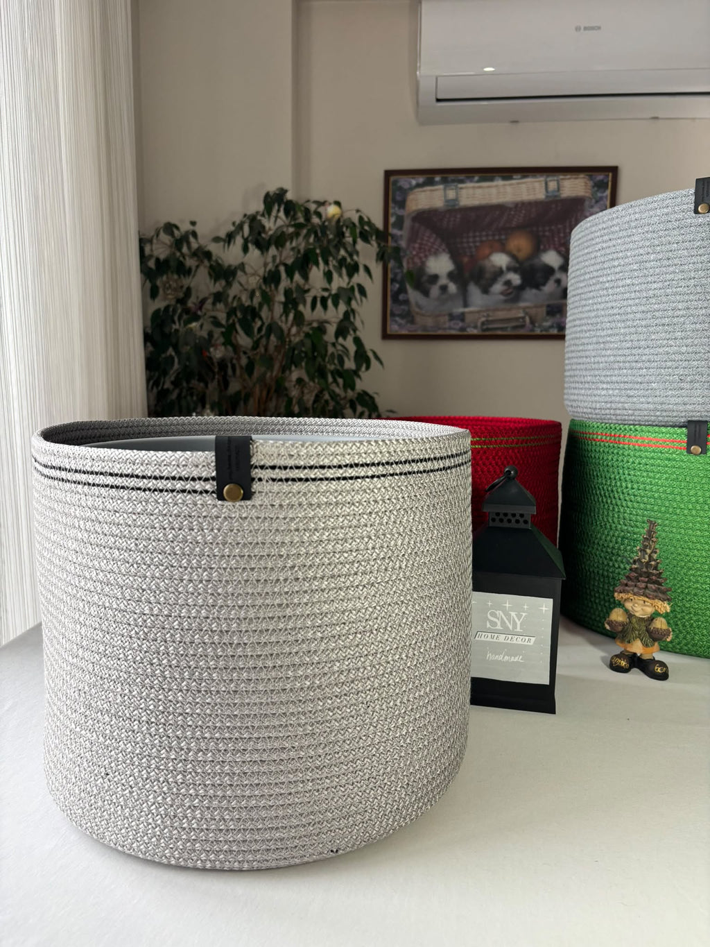 Handmade Cotton Rope Basket: Shiny Grey Woven Storage  Flower Pot Cover