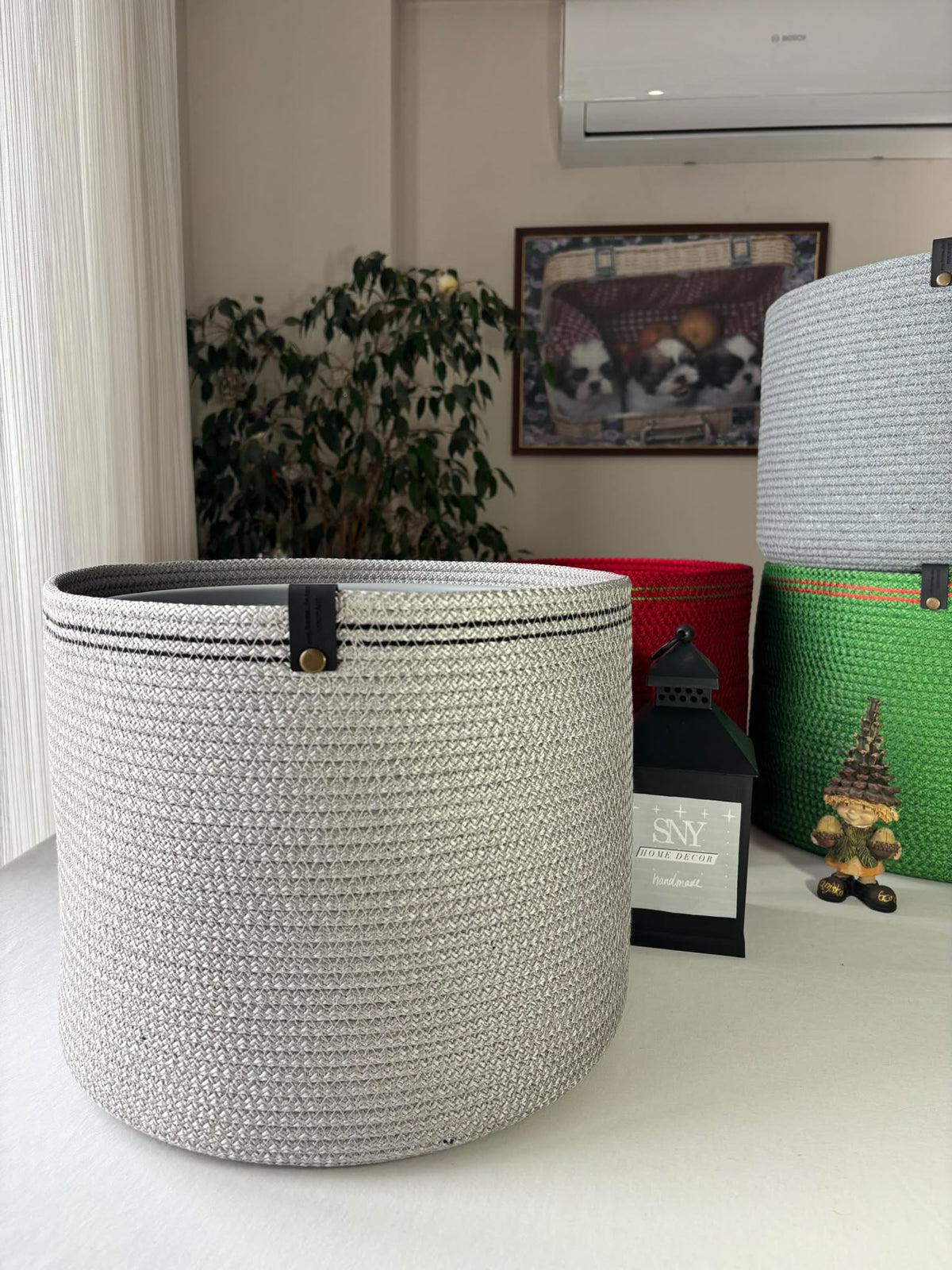 Handmade Cotton Rope Basket: Shiny Grey Woven Storage  Flower Pot Cover
