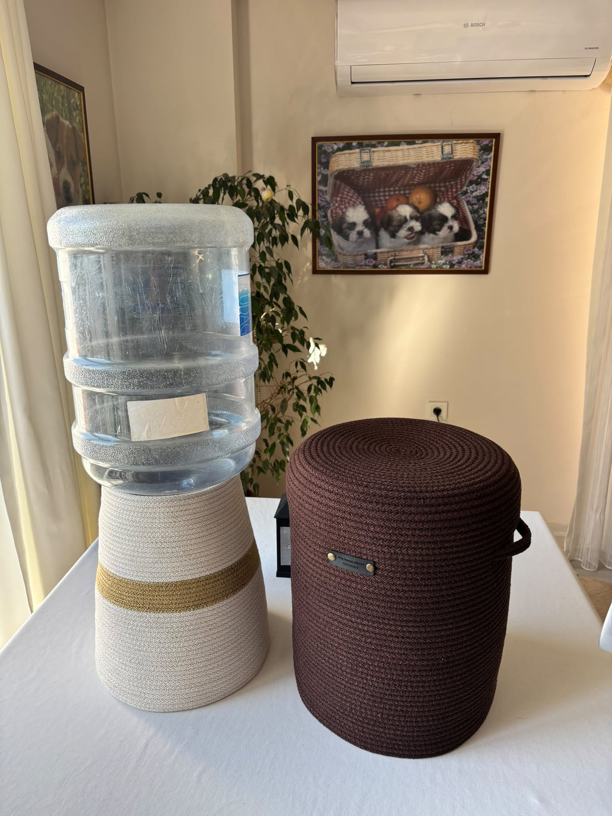 Handmade Woven Water Dispenser Bottle Cover: Rustic Crochet Carboy Cover
