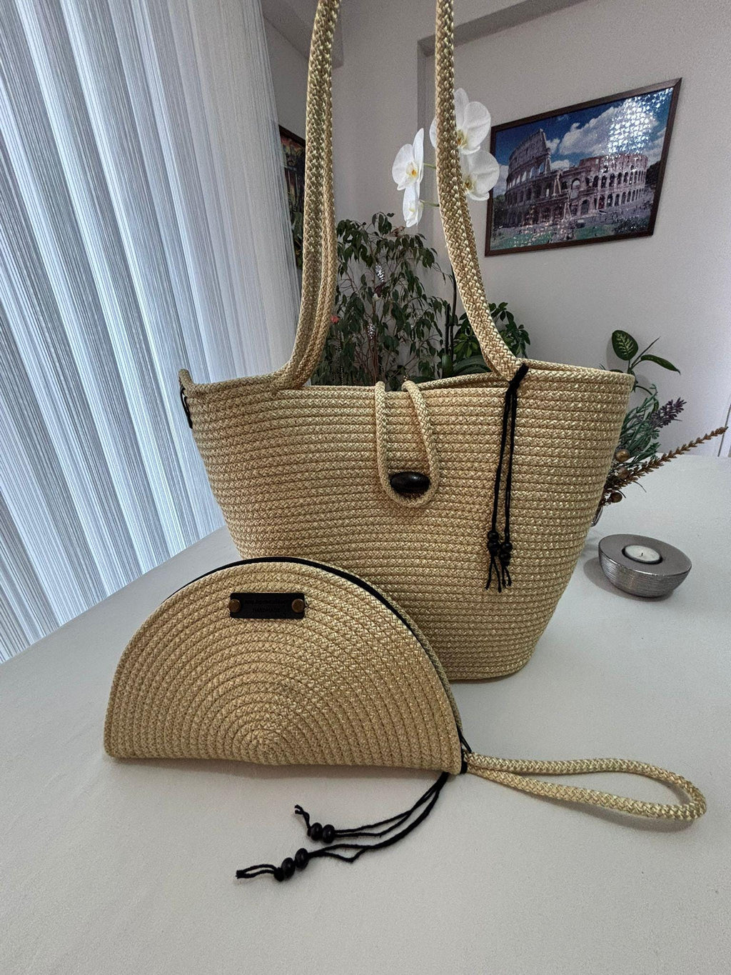 Handgemachte Gold-Schultertasche aus Jutekordel: Geflochtene Strandtasche