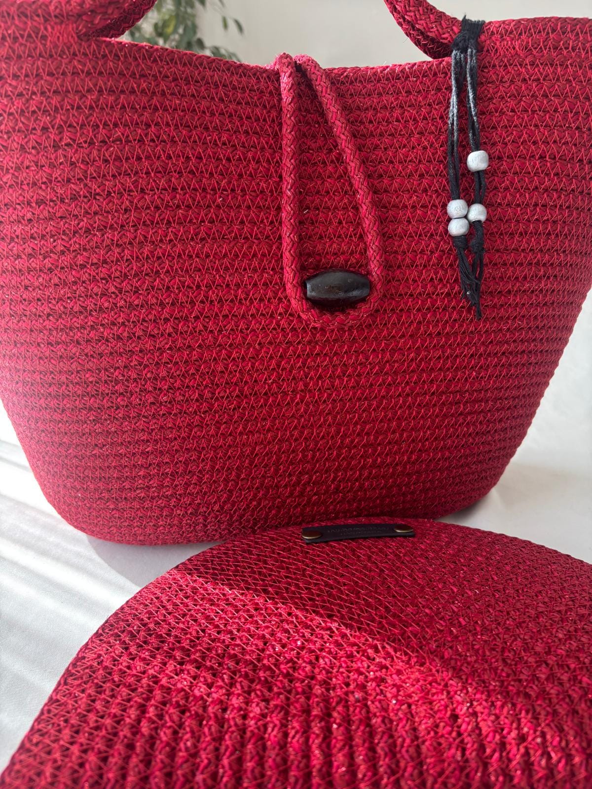 Glänzende rote handgemachte Jute-Seil Umhängetasche: Geflochtene Boho-Tasche