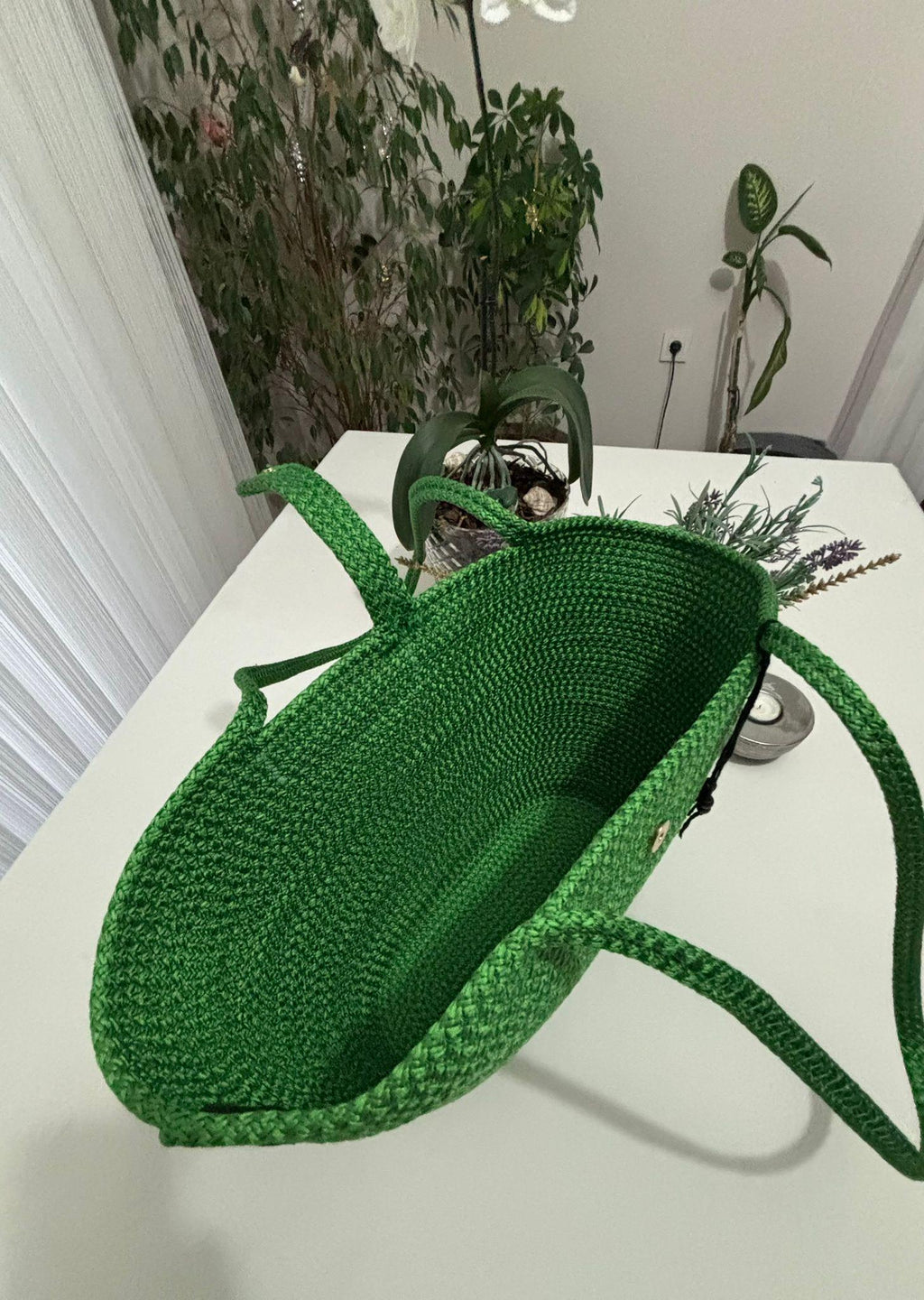 Handmade Green Jute Rope Bag: Braided Boho Beach Tote
