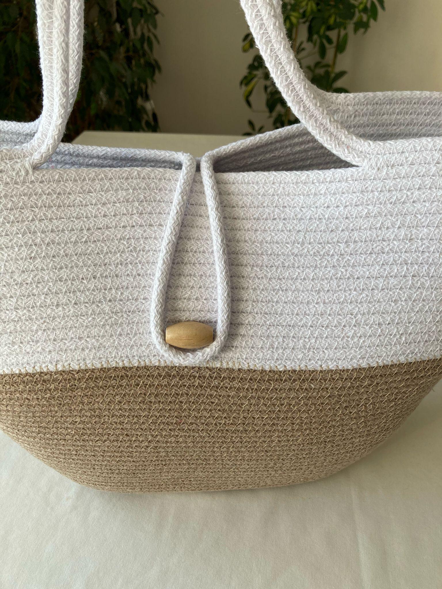 Beige-weiße handgewebte Juteseiltasche: Beige-weißes Baumwollfutter