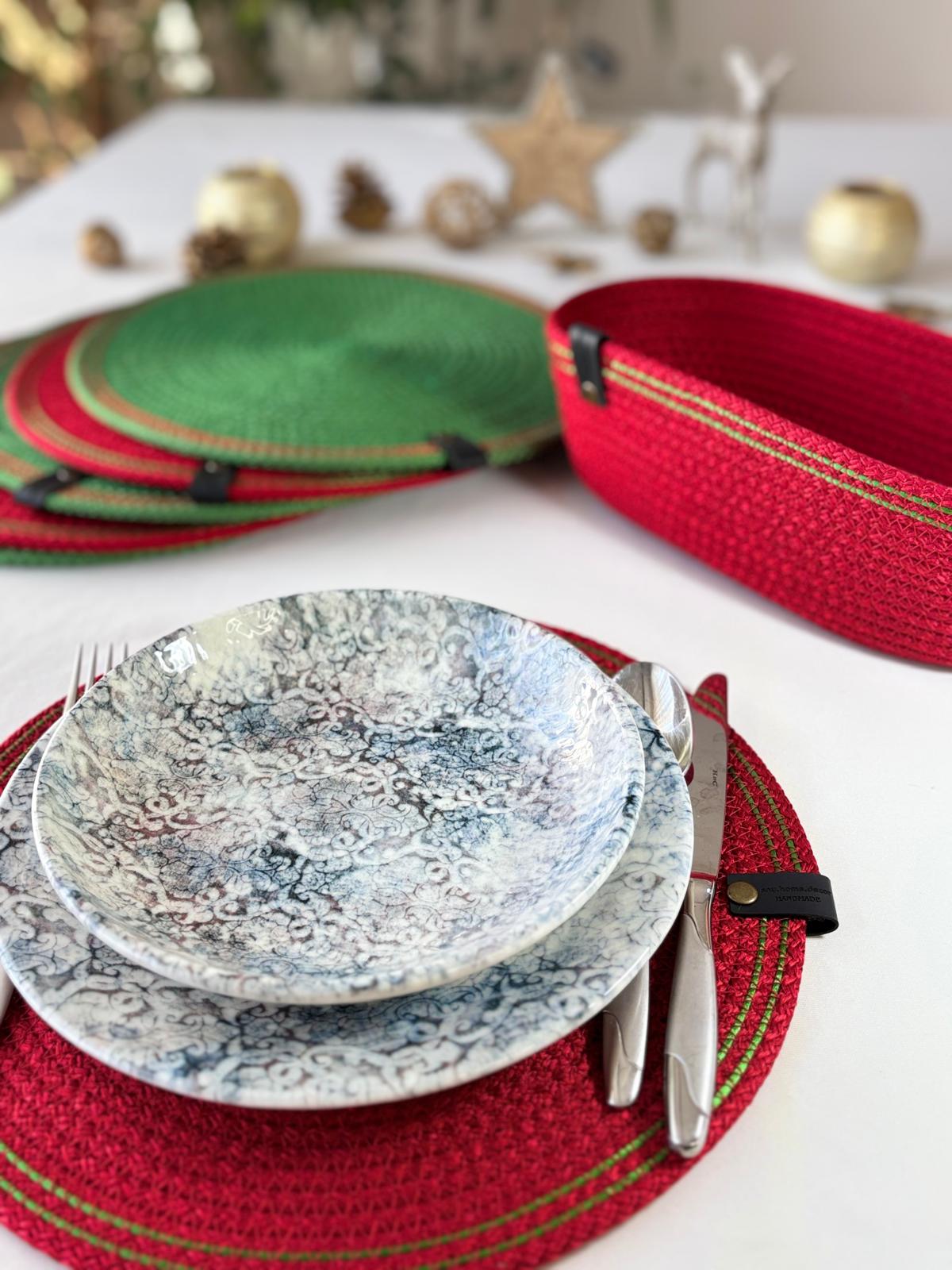 Handmade Cotton Rope Placemat Set: Red and Green Woven Dining Table Decor