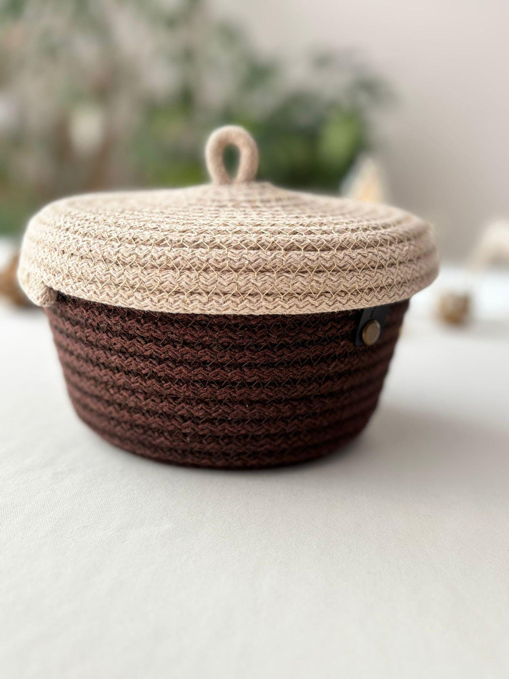 Handwoven Rope Storage Basket with Lid - Small woven Organizer, Handmade Candy Bowl
