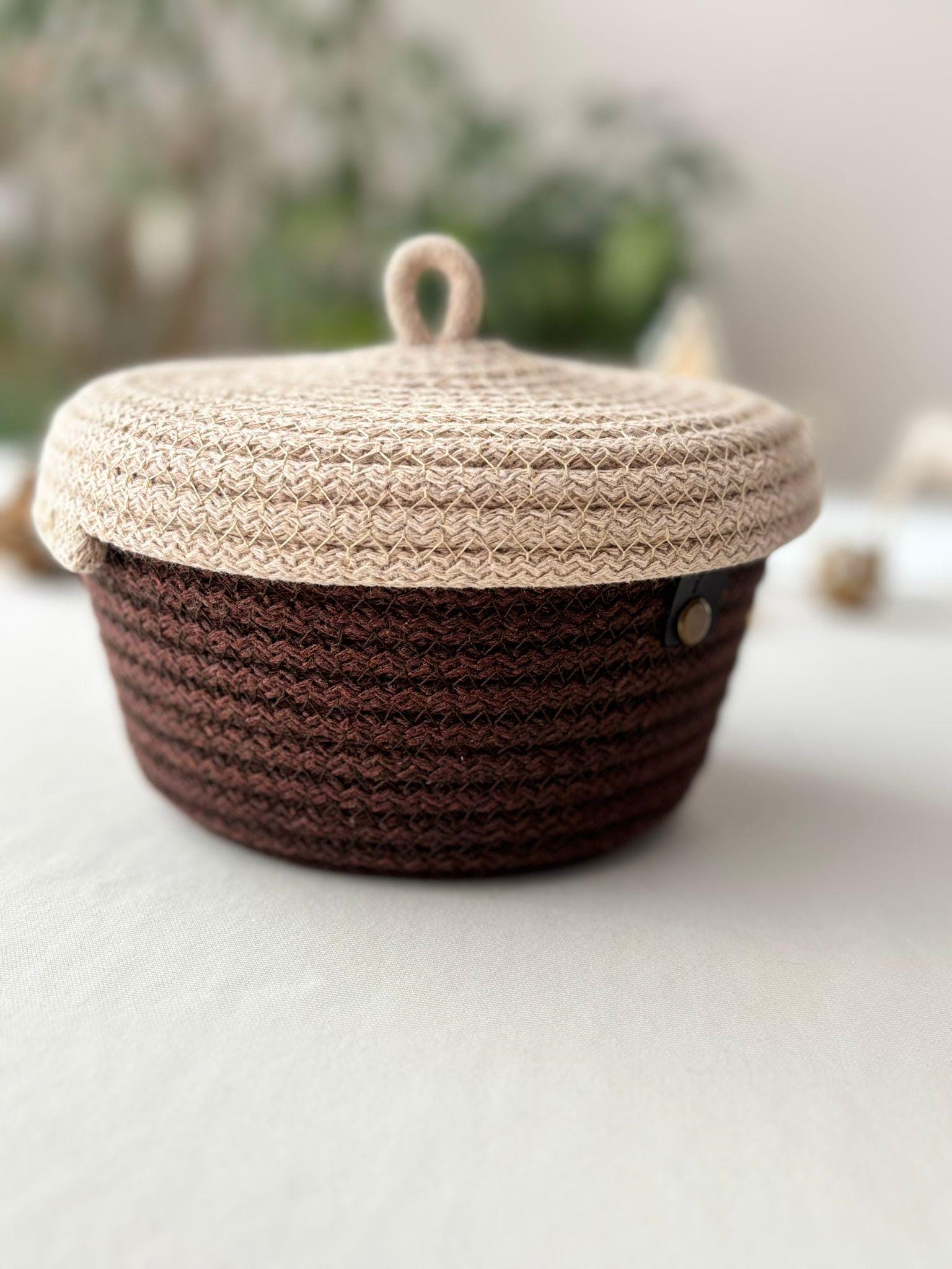 Handwoven Rope Storage Basket with Lid - Small woven Organizer, Handmade Candy Bowl
