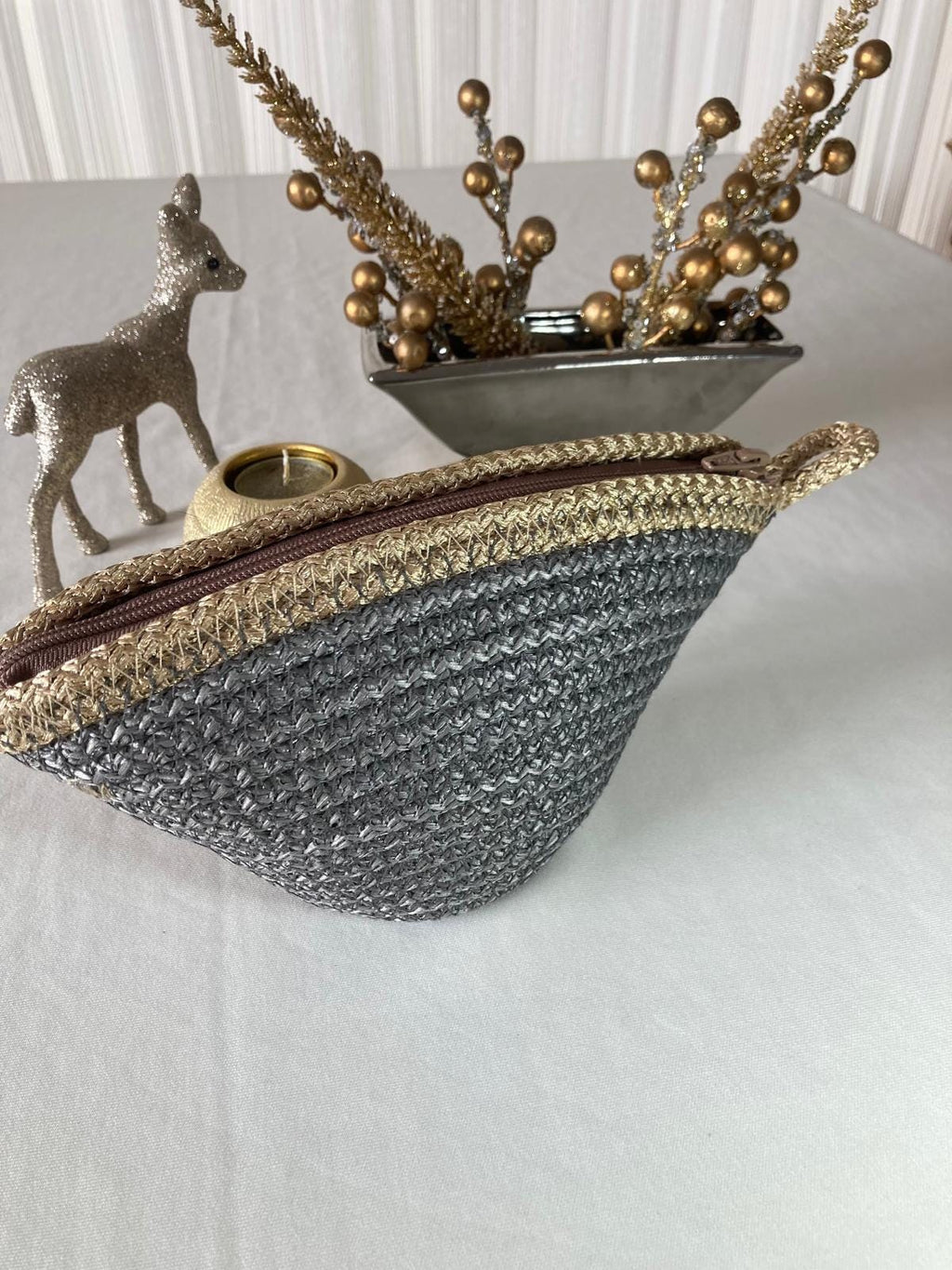 Handwoven Straw Makeup Bag: Boho Cosmetic Zipper Pouch