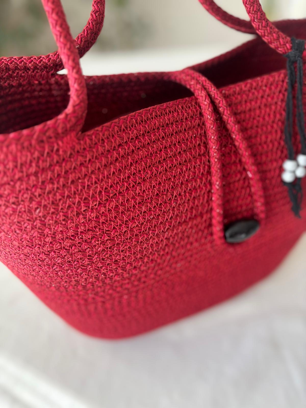 Shiny Red Handmade Jute Rope Shoulder Bag: Braided Boho Bag