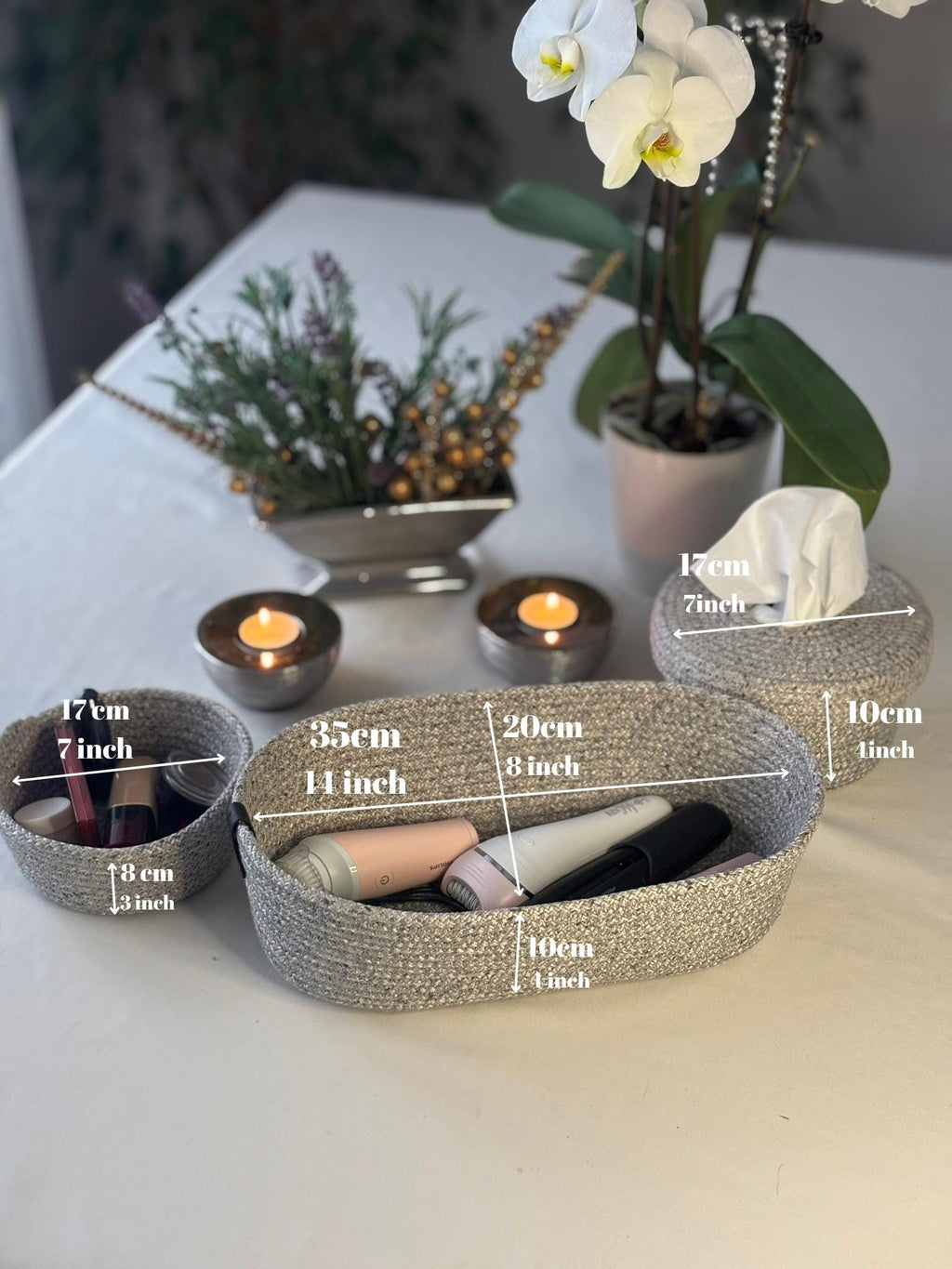 Handmade Gray Woven Make Up Basket Set: Cosmetic & Beauty Organizer