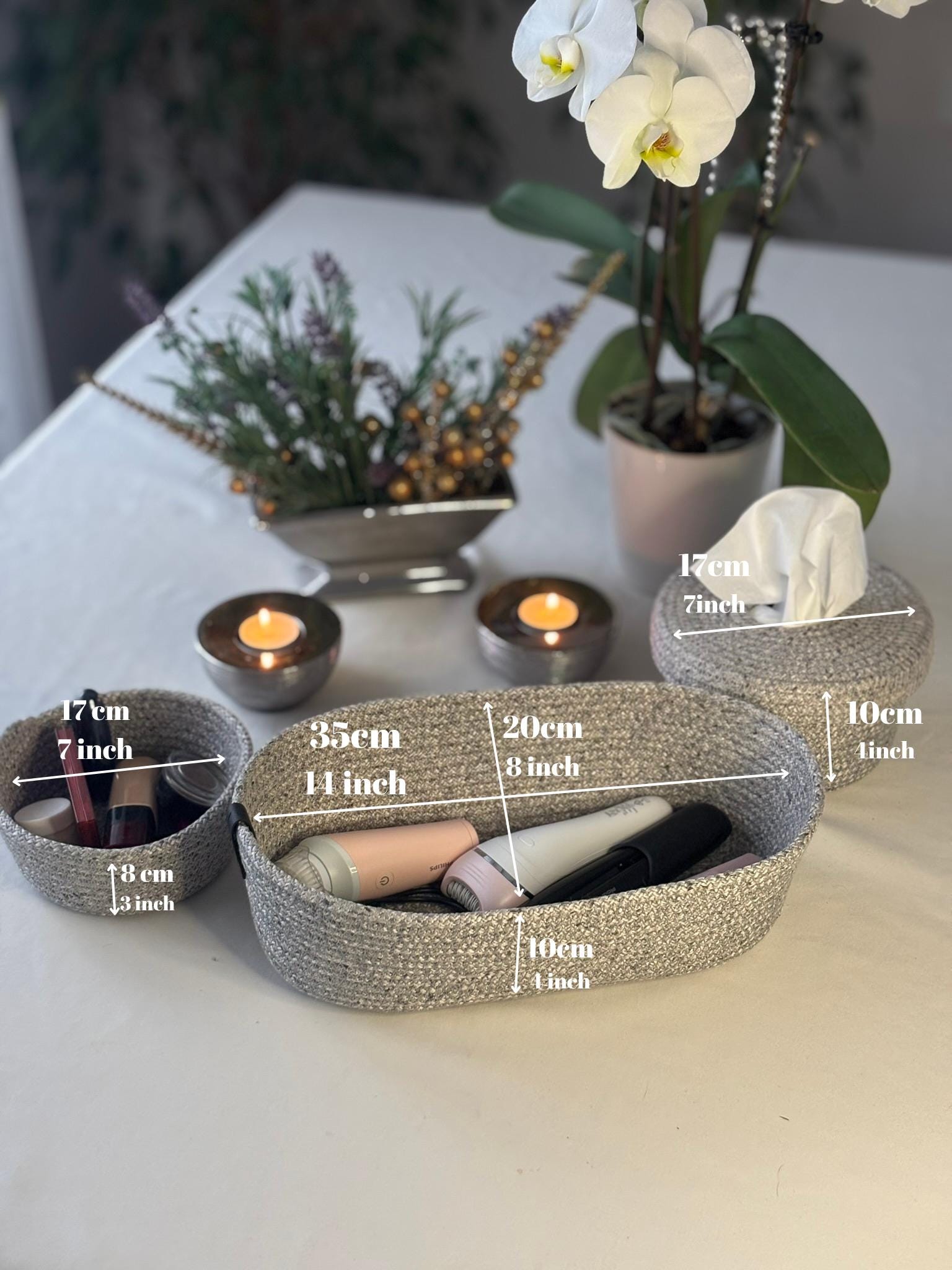 Handmade Gray Woven Make Up Basket Set: Cosmetic & Beauty Organizer