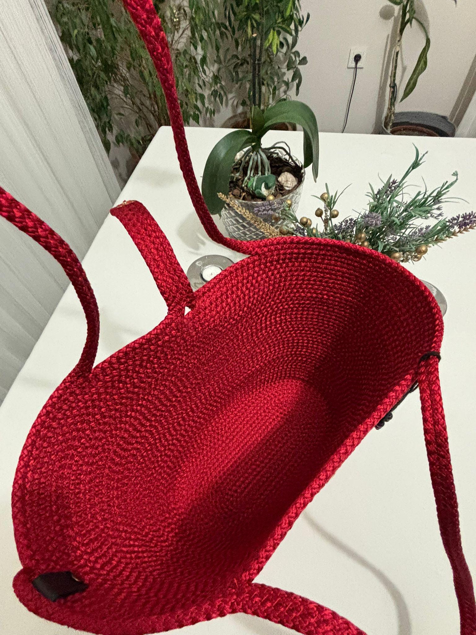 Handgewebte rote Seil-Umhängetasche: Rote Boho Strandtasche