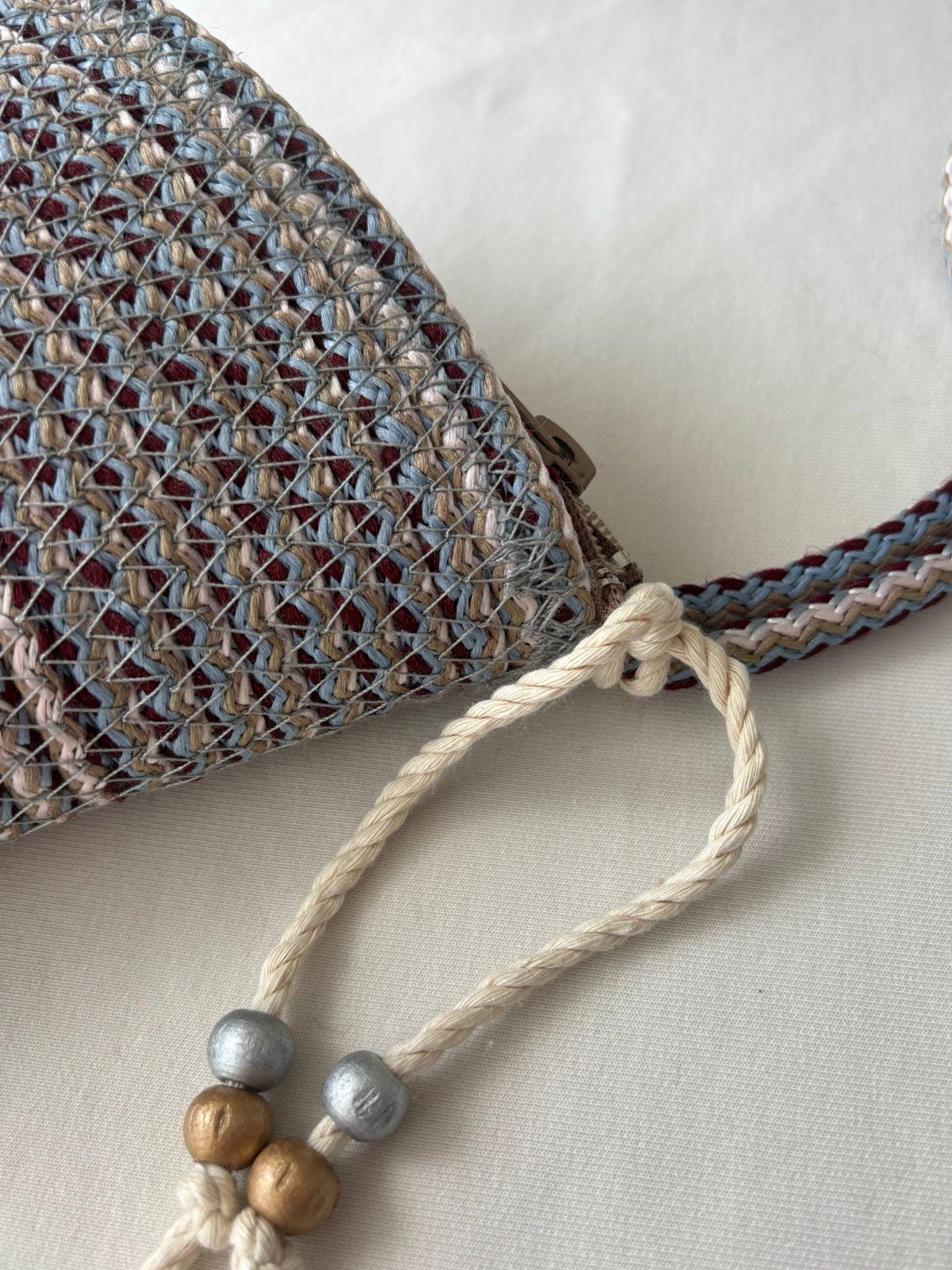 Burgundy&Blue Handwoven Jute Rope Bag: Boho Braided Shoulder Bag
