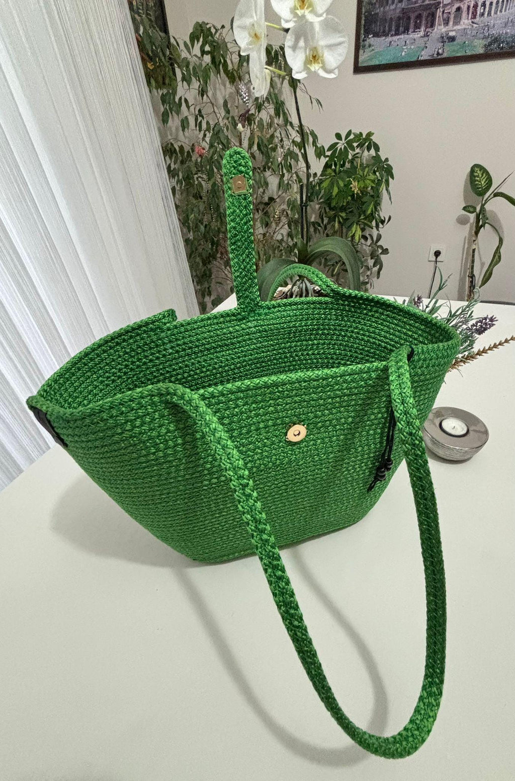 Handmade Green Jute Rope Bag: Braided Boho Beach Tote