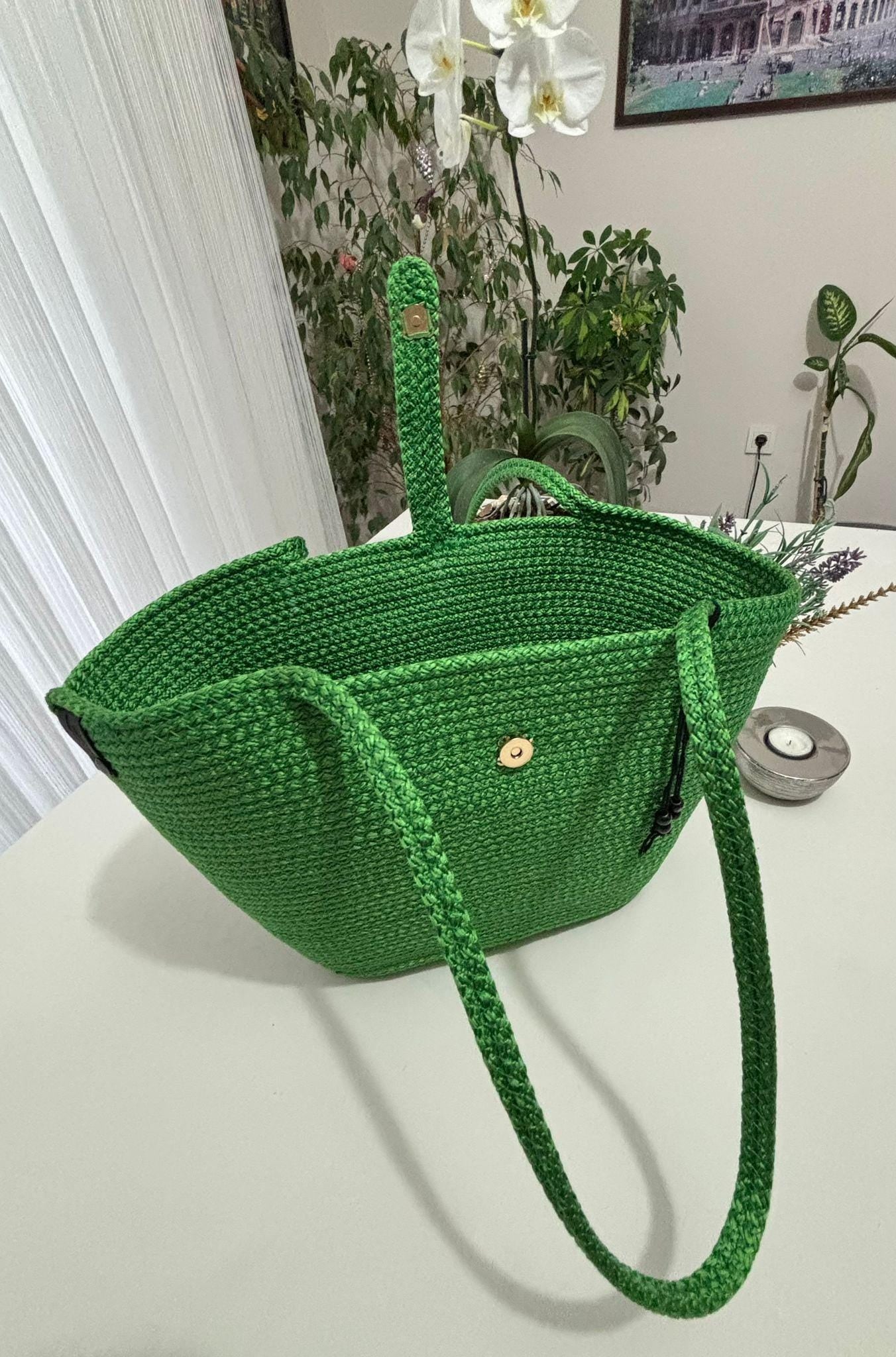 Handmade Green Jute Rope Bag: Braided Boho Beach Tote