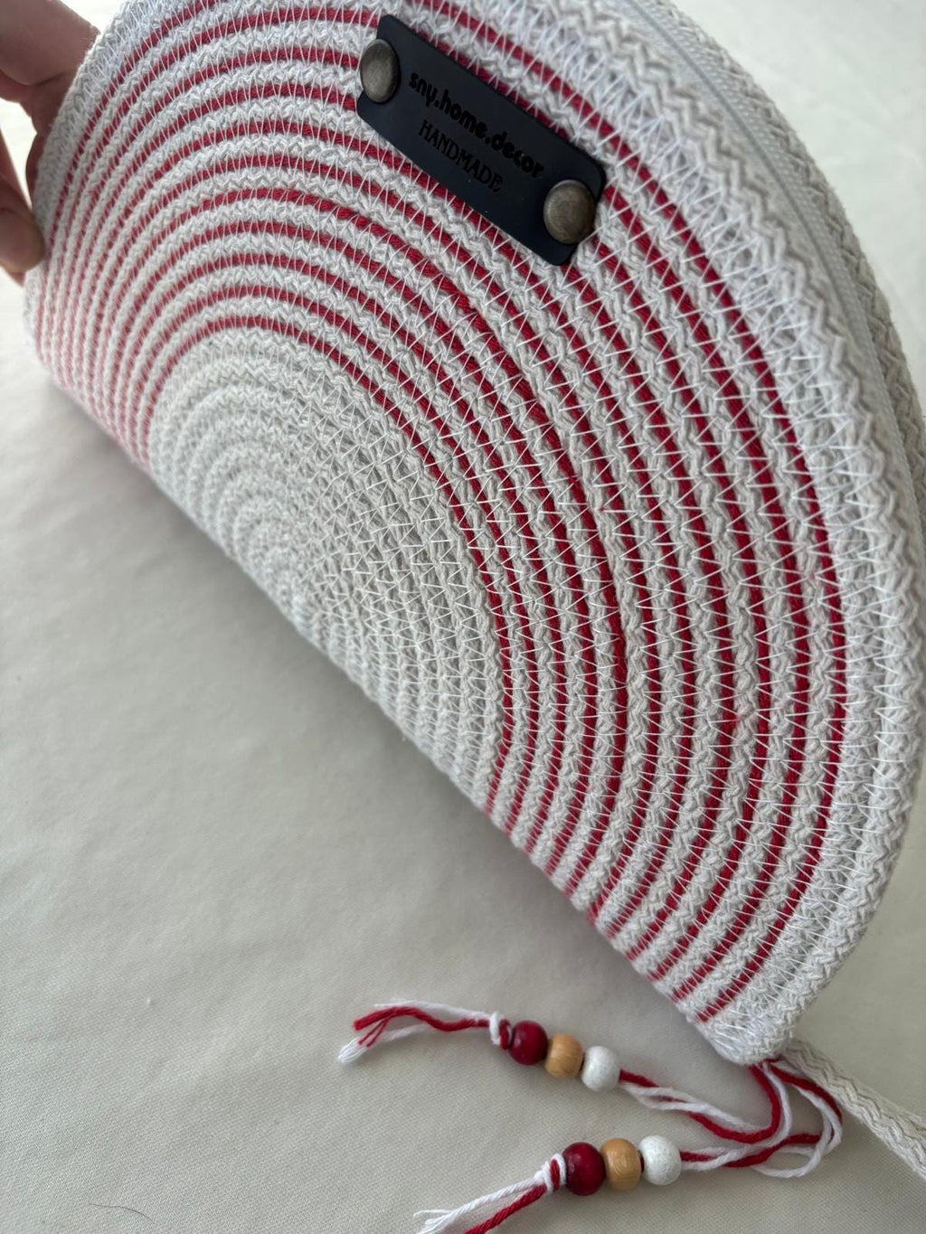 Red & White Handwoven Jute Rope Bag:  Summer Beach Tote