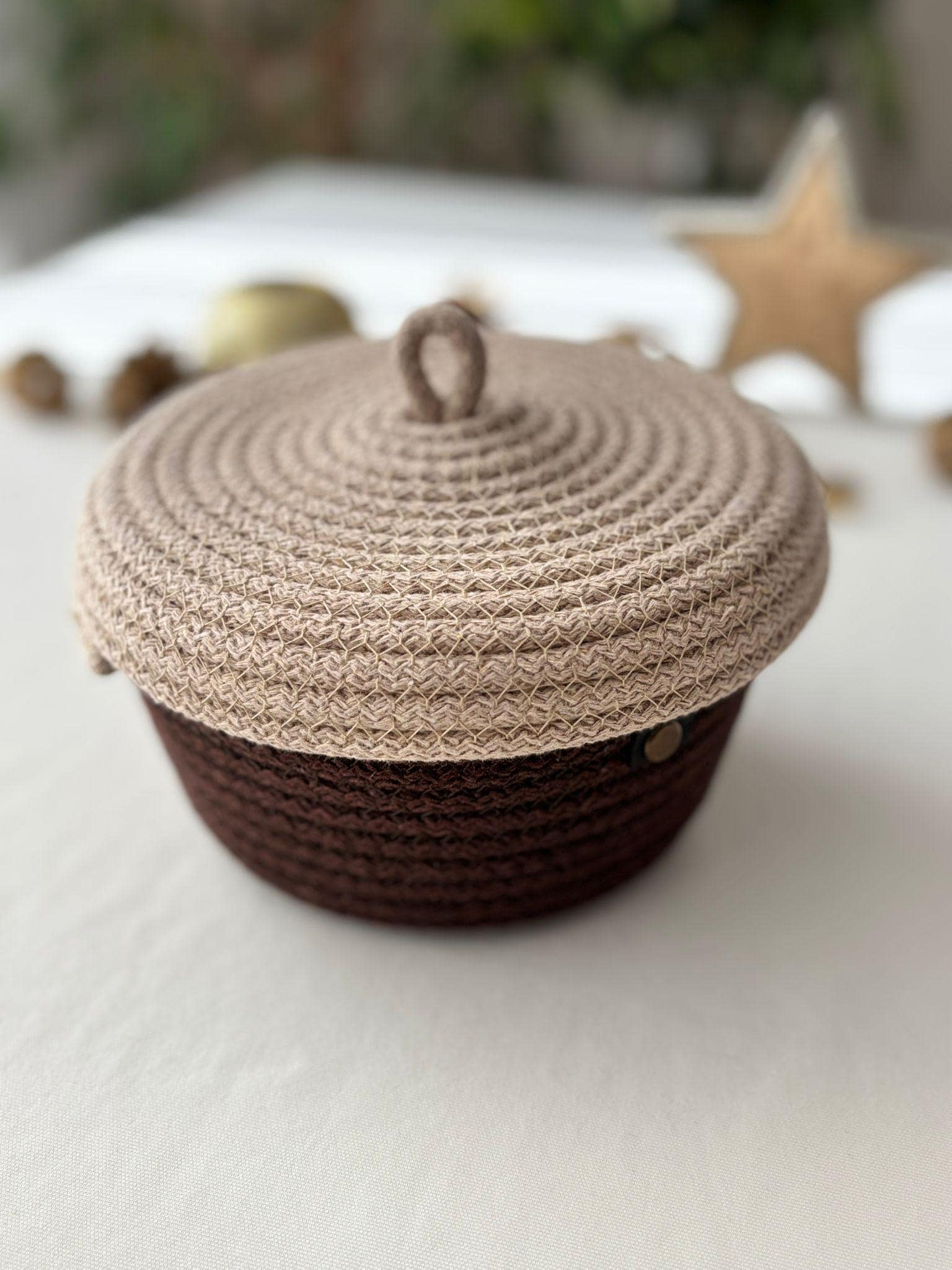 Handwoven Rope Storage Basket with Lid - Small woven Organizer, Handmade Candy Bowl