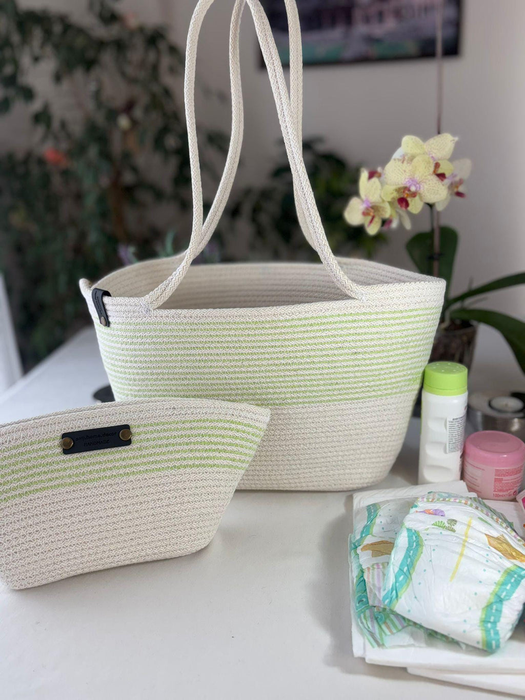Green & White Handmade Jute Rope Shoulder Bag:  Boho Tote