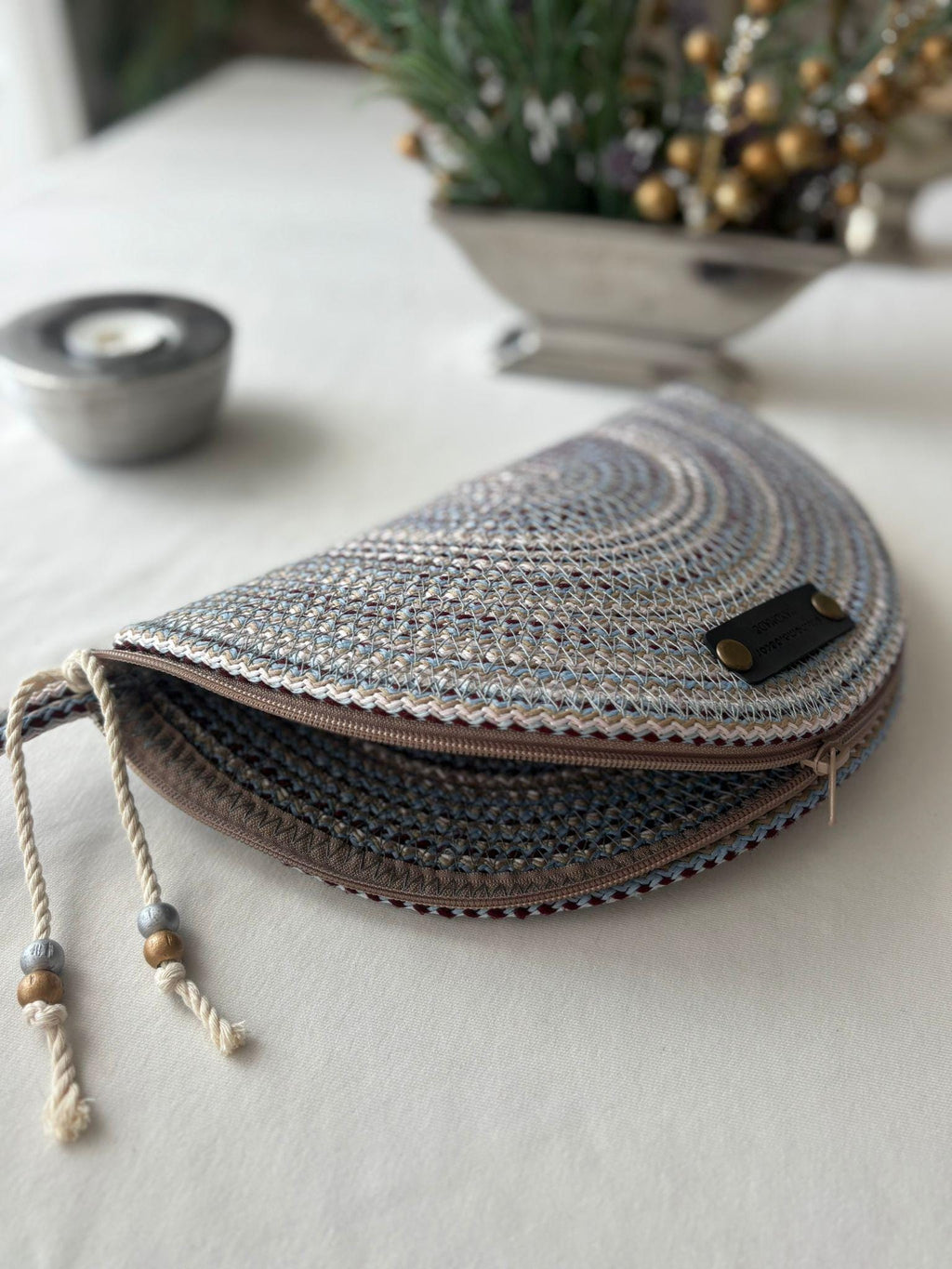 Burgundy&Blue Handwoven Jute Rope Bag: Boho Braided Shoulder Bag
