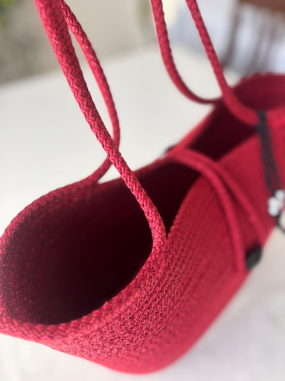 Shiny Red Handmade Jute Rope Shoulder Bag: Braided Boho Bag