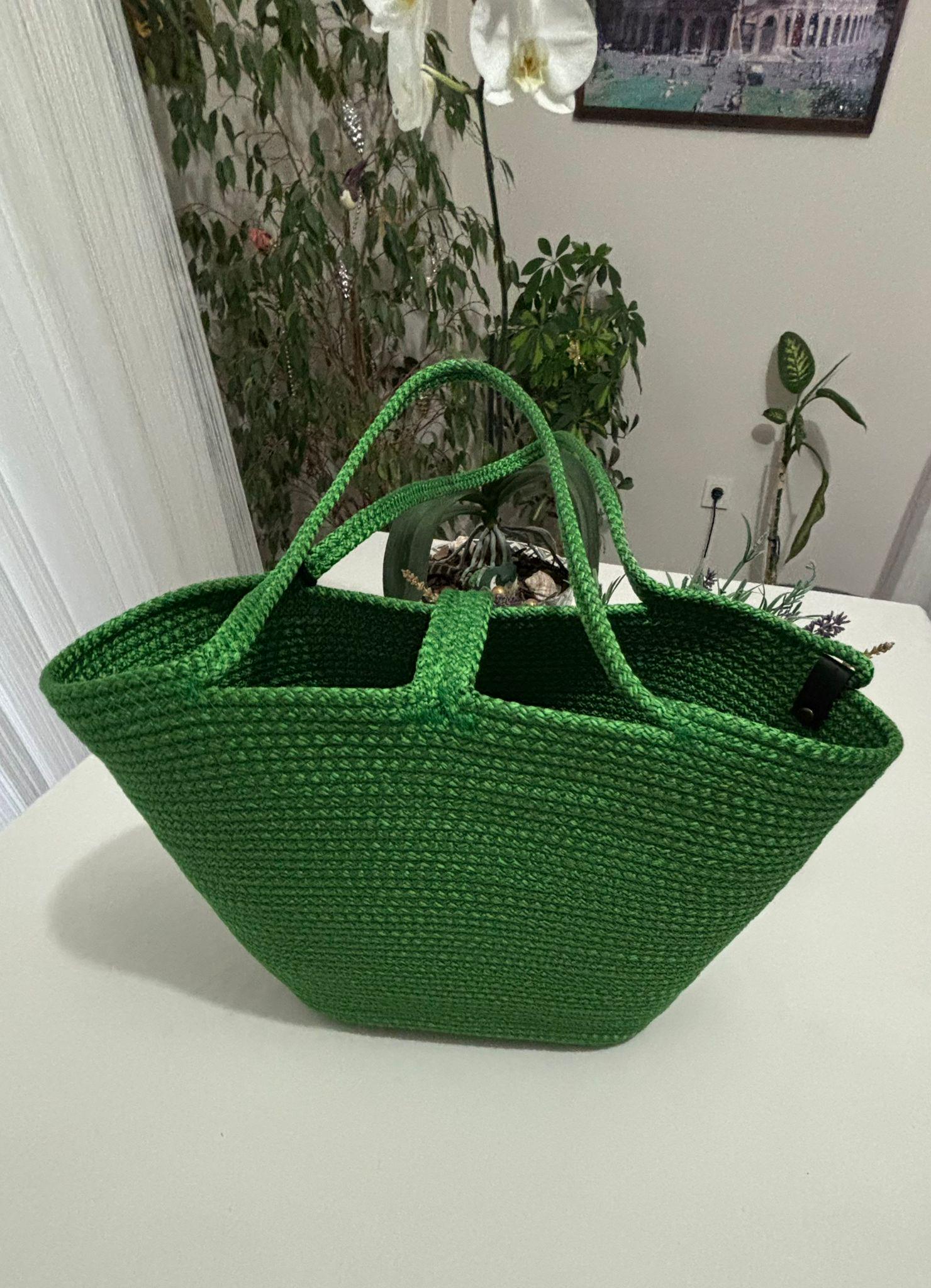 Handmade Green Jute Rope Bag: Braided Boho Beach Tote