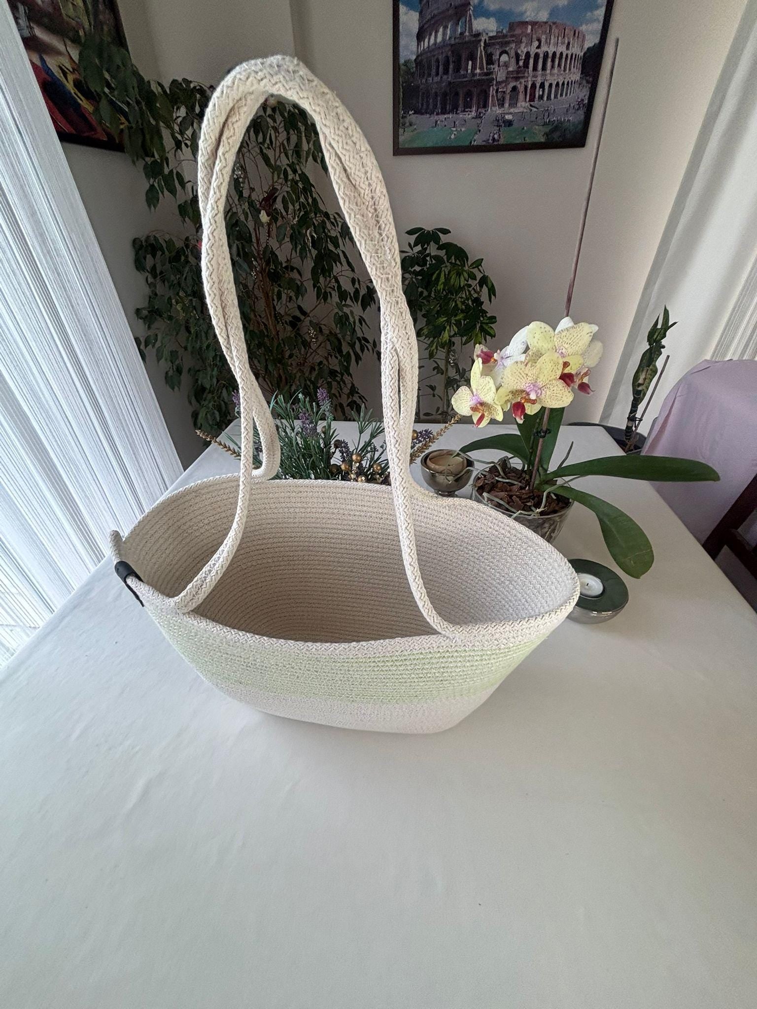 Grüne & weiße handgemachte Juteseil-Umhängetasche: Boho-Tasche