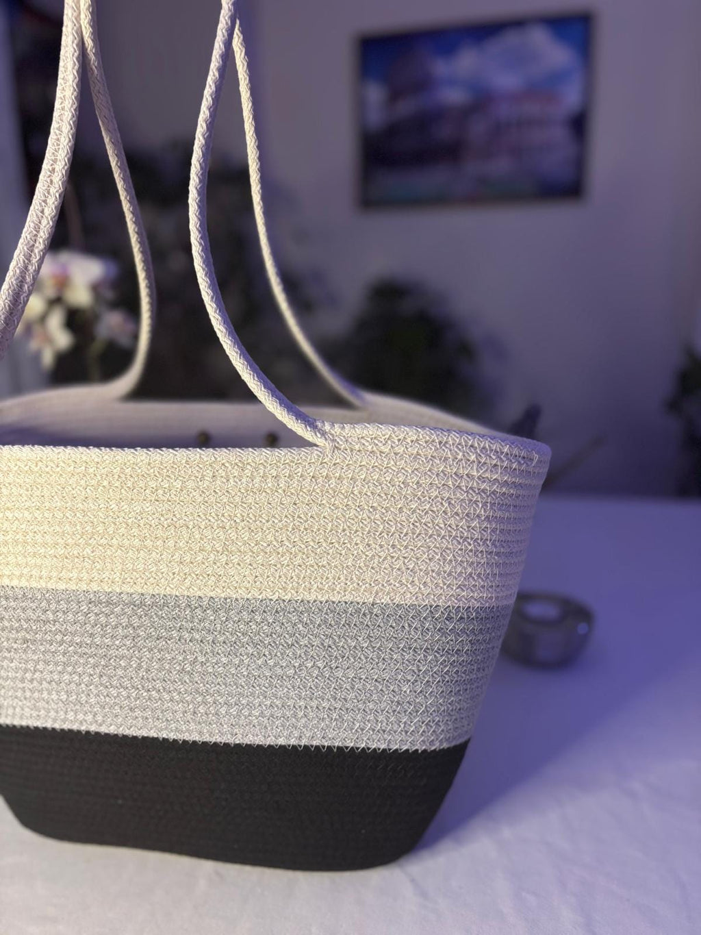 Schwarz & Grau & Weiß Handgewebte Juteseil Schultertasche