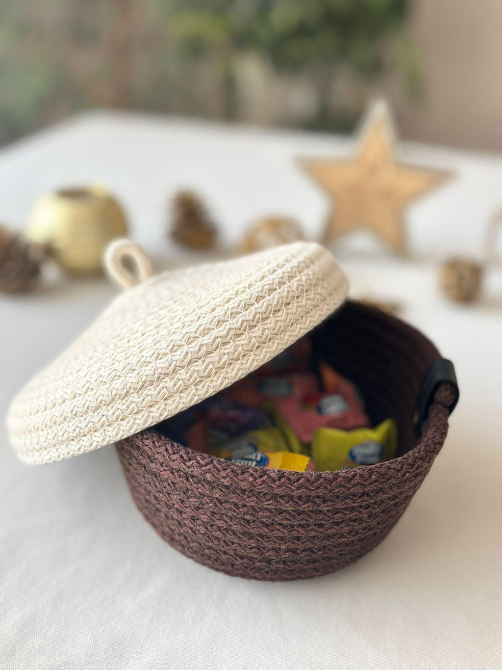 Handwoven Rope Storage Basket with Lid - Small woven Organizer, Handmade Candy Bowl