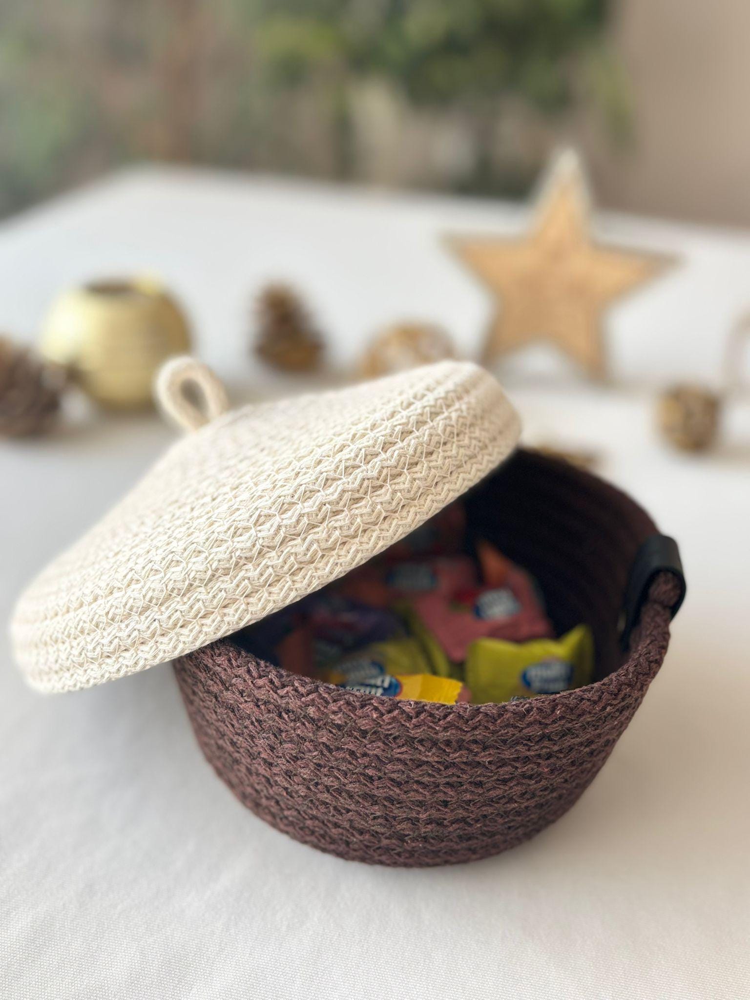 Handwoven Rope Storage Basket with Lid - Small woven Organizer, Handmade Candy Bowl