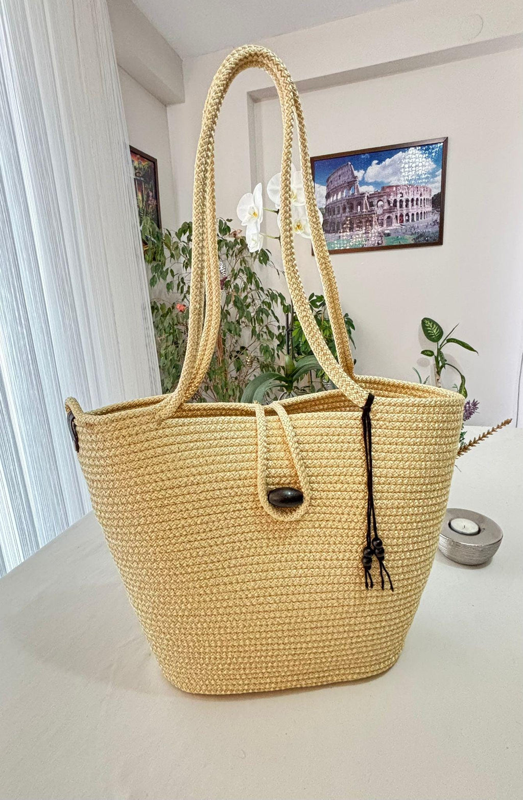 Handmade Yellow (Gold) Jute Rope Bag: Braided Boho Beach Tote