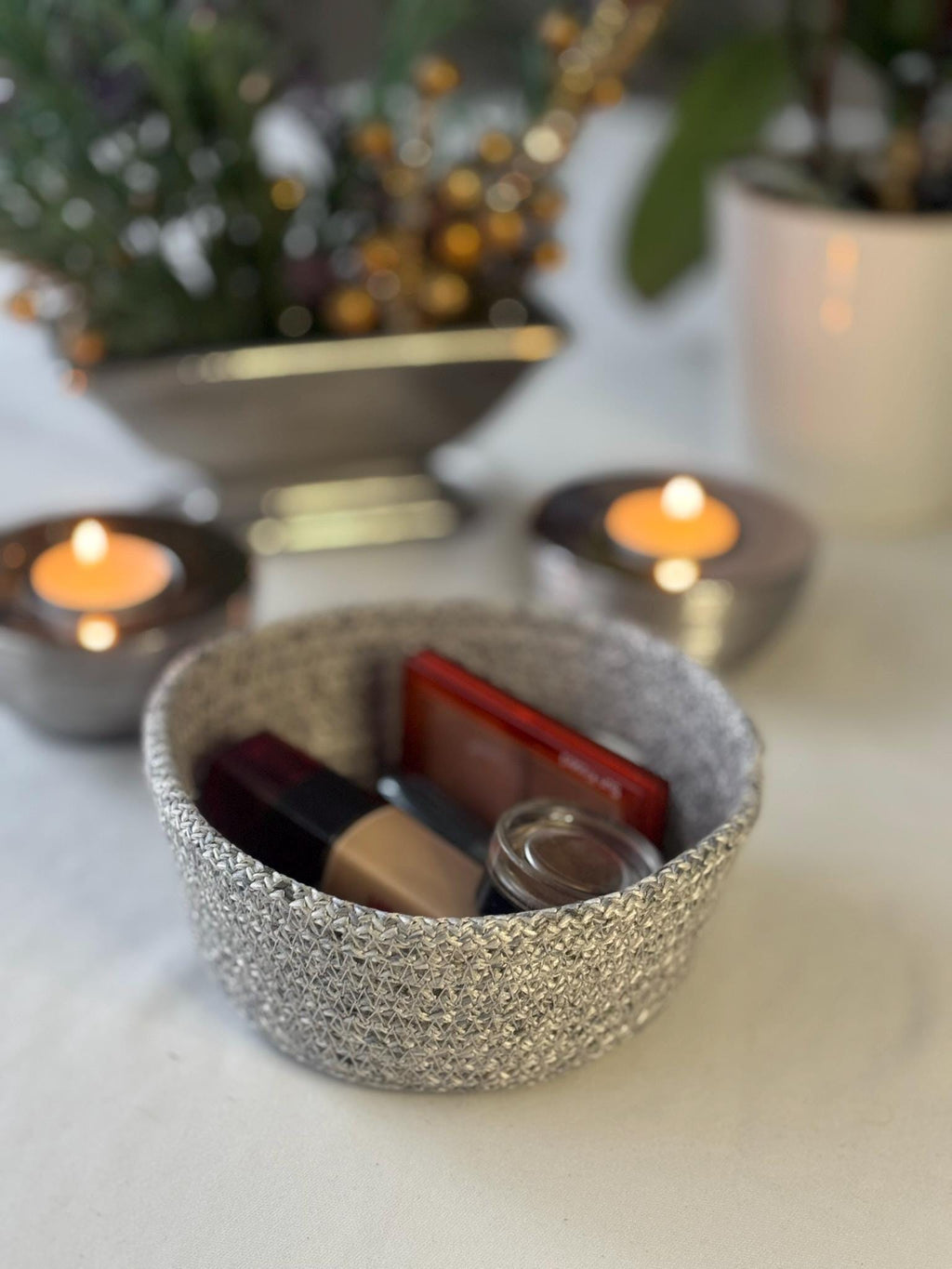 Handmade Gray Woven Make Up Basket Set: Cosmetic & Beauty Organizer