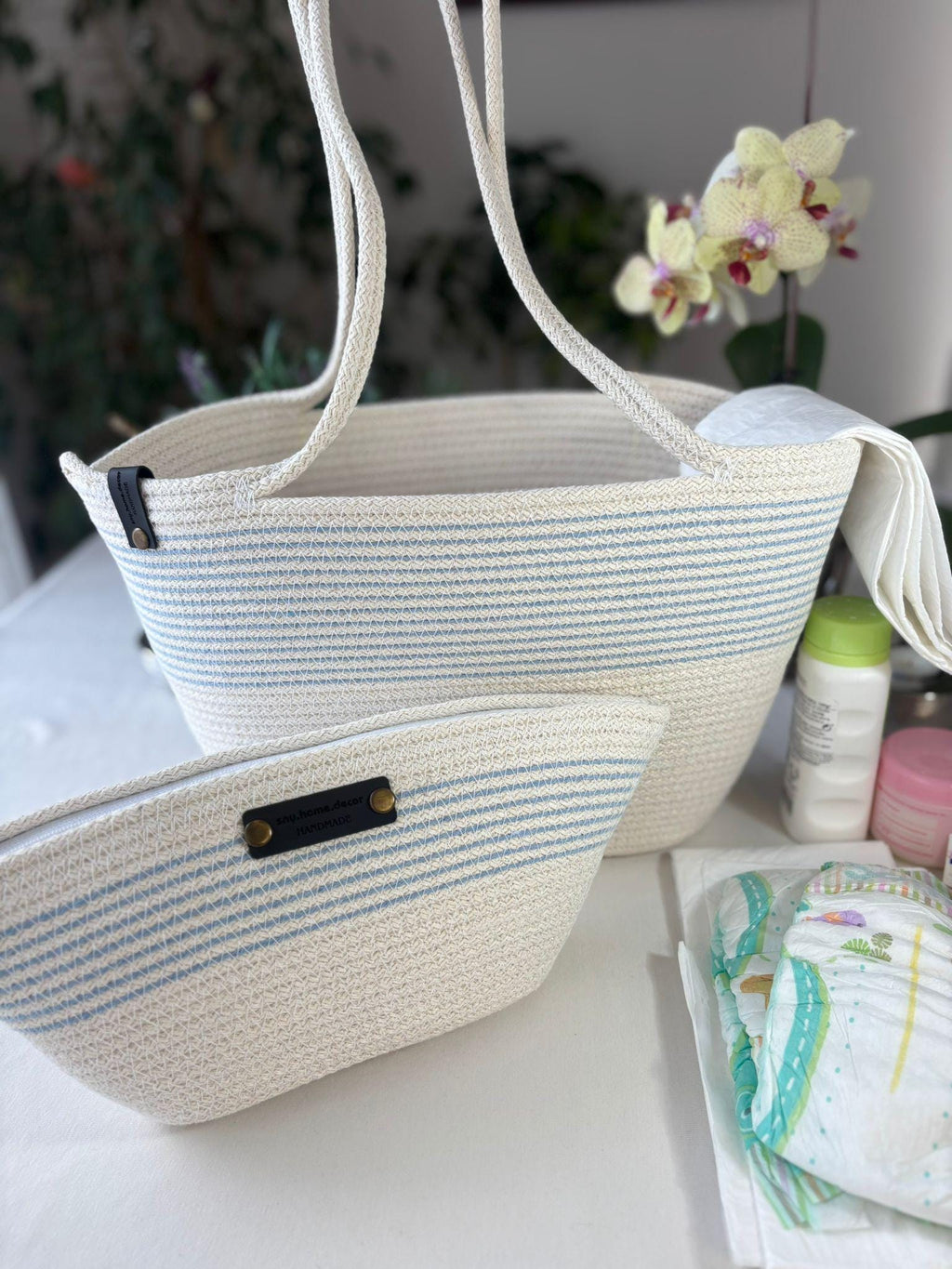 Blue & White Handwoven Jute Rope Bag:Boho Beach Tote