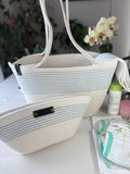 Blue & White Handwoven Jute Rope Bag:Boho Beach Tote