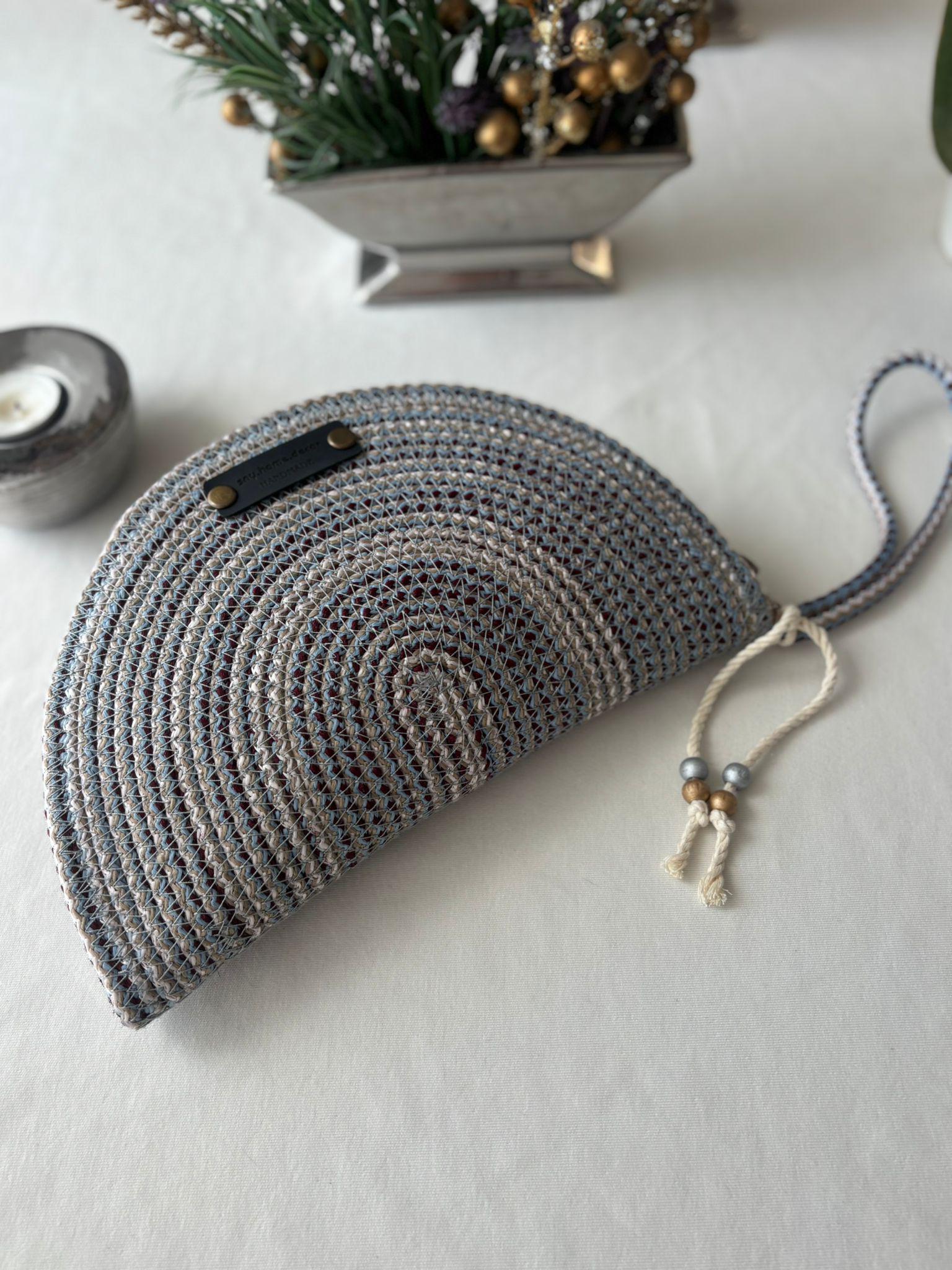Burgundy & Blue Handwoven Jute Rope Bag: Boho Braided Shoulder Bag
