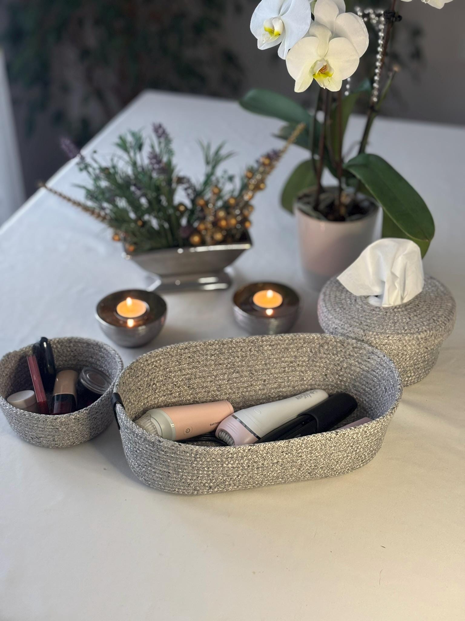 Handmade Gray Woven Make Up Basket Set: Cosmetic & Beauty Organizer