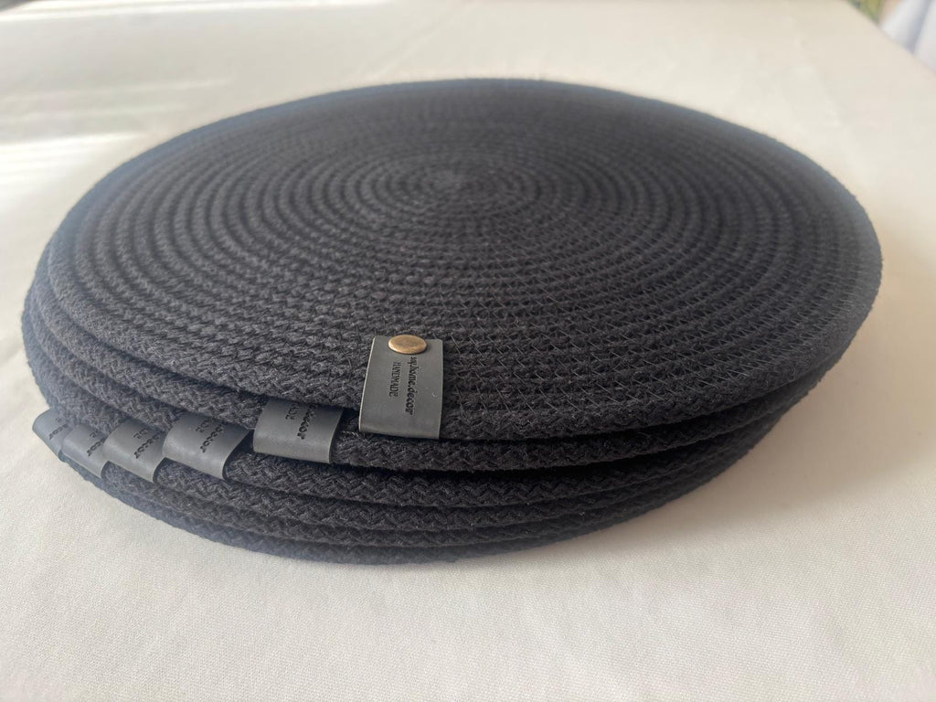 Black Cotton Rope Placemat Set: Dining Table Decor with Coasters & Bread Basket