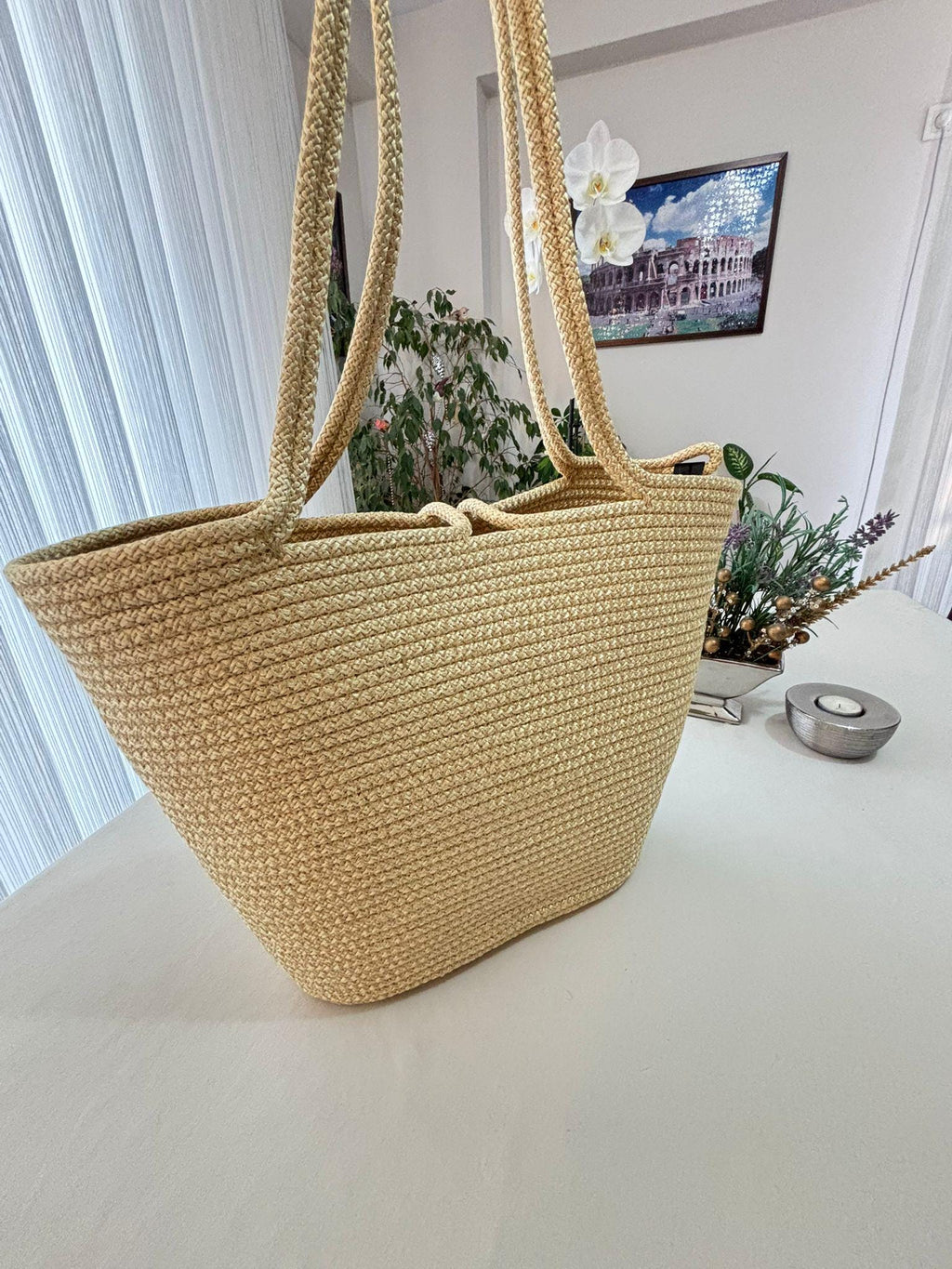 Handmade Yellow (Gold) Jute Rope Bag: Braided Boho Beach Tote