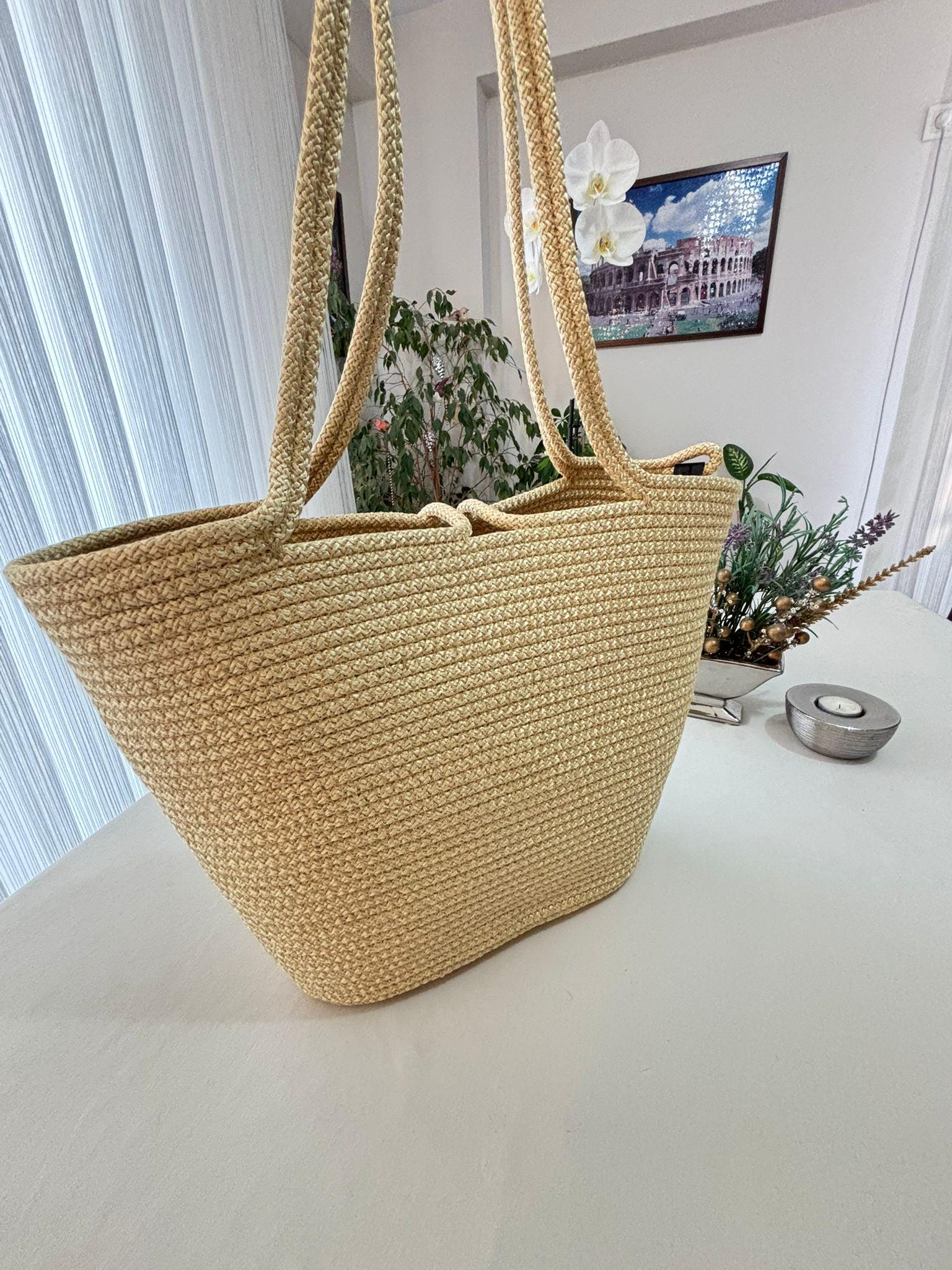 Handgefertigte gelbe (goldene) Tasche aus Jute-Seil: Geflochtene Boho-Strandtasche