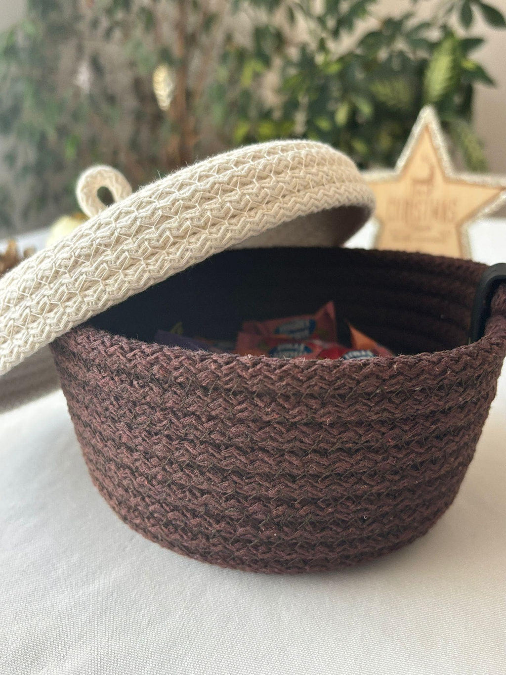 Handwoven Rope Storage Basket with Lid - Small woven Organizer, Handmade Candy Bowl