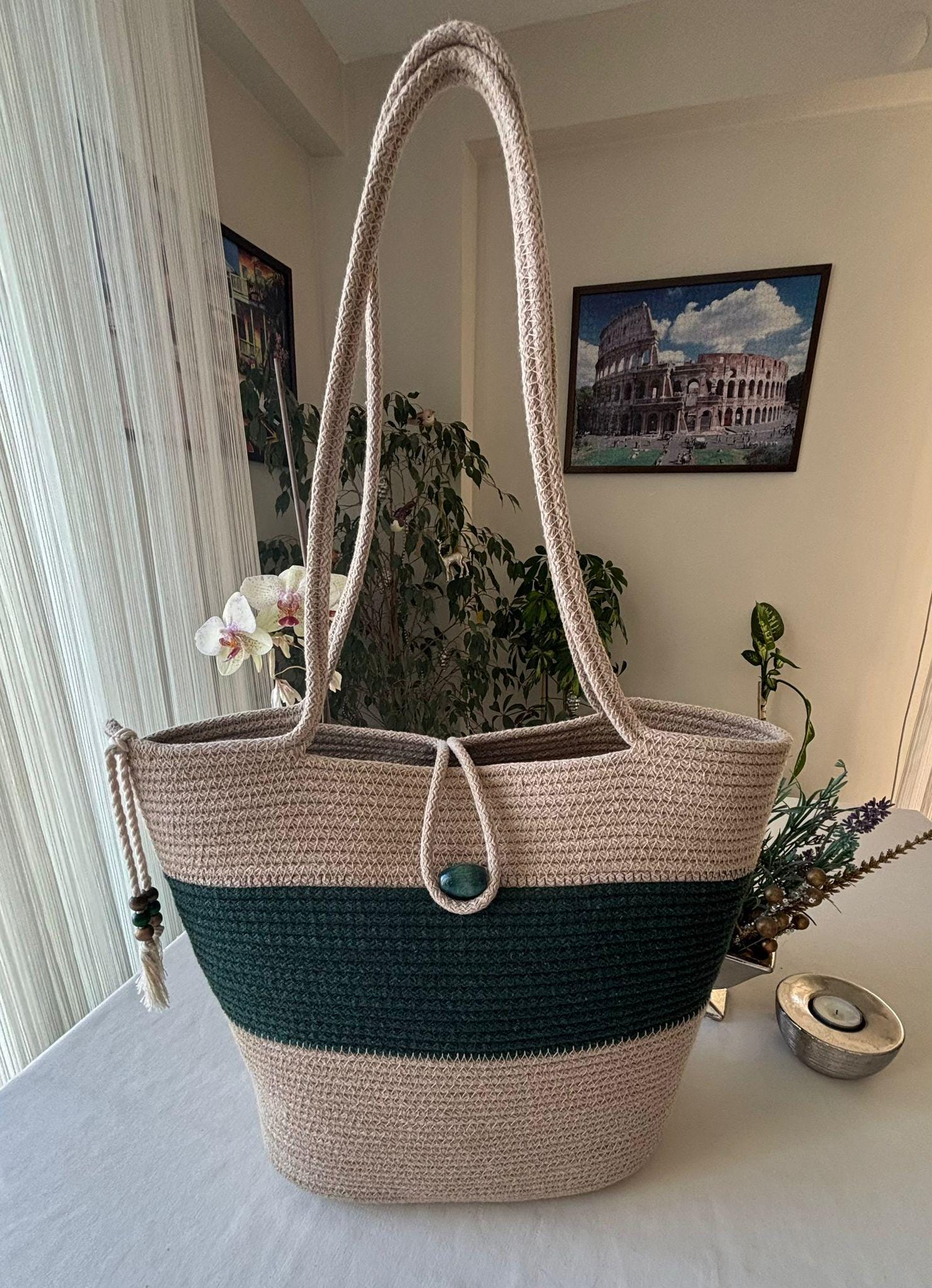 Anpassbare dreifarbige Seil-Einkaufstasche: Handgemachte Color-Block-Strandtasche