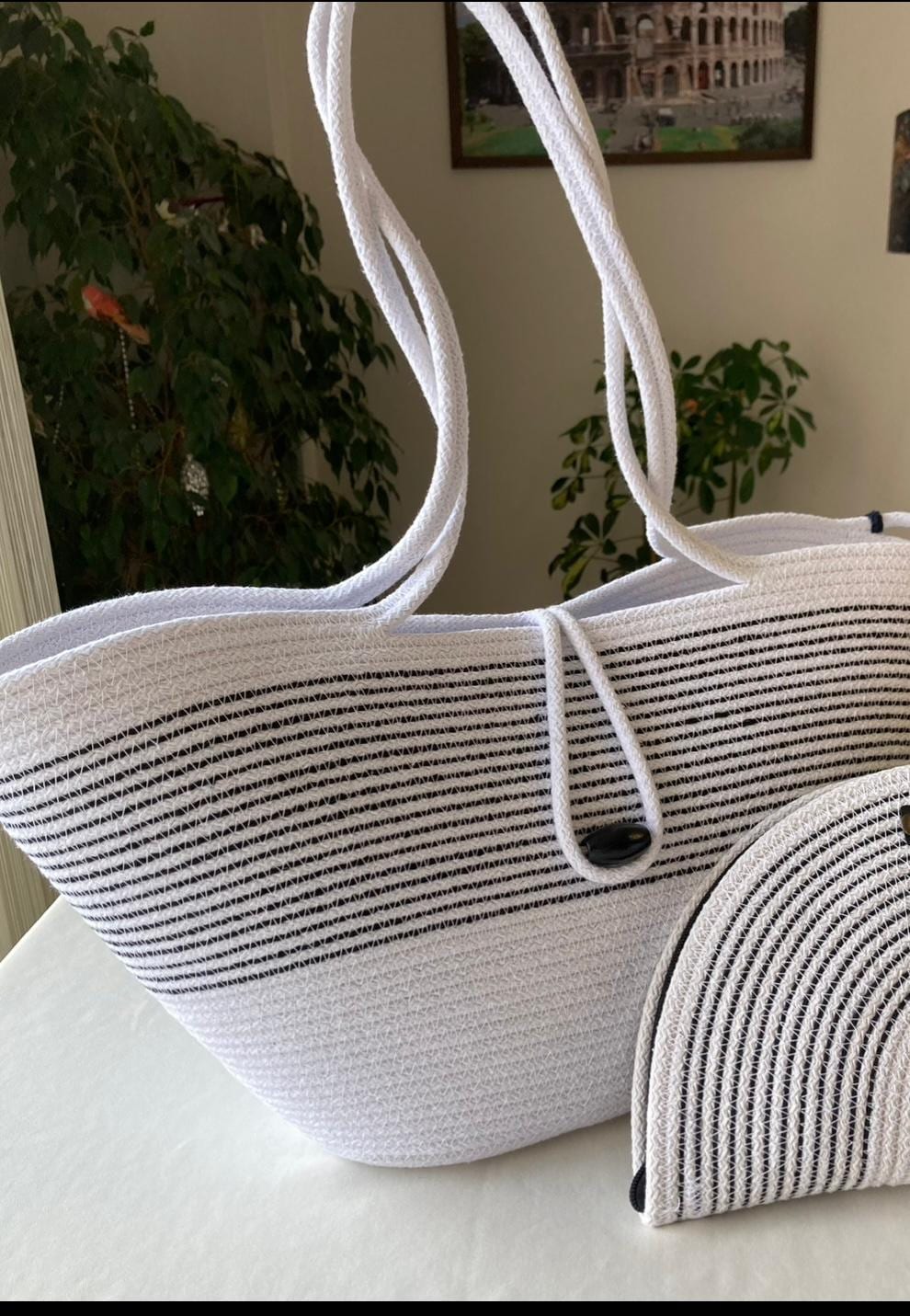 Black&White Handwoven Jute Rope Bag: Black & White Summer Beach Tote